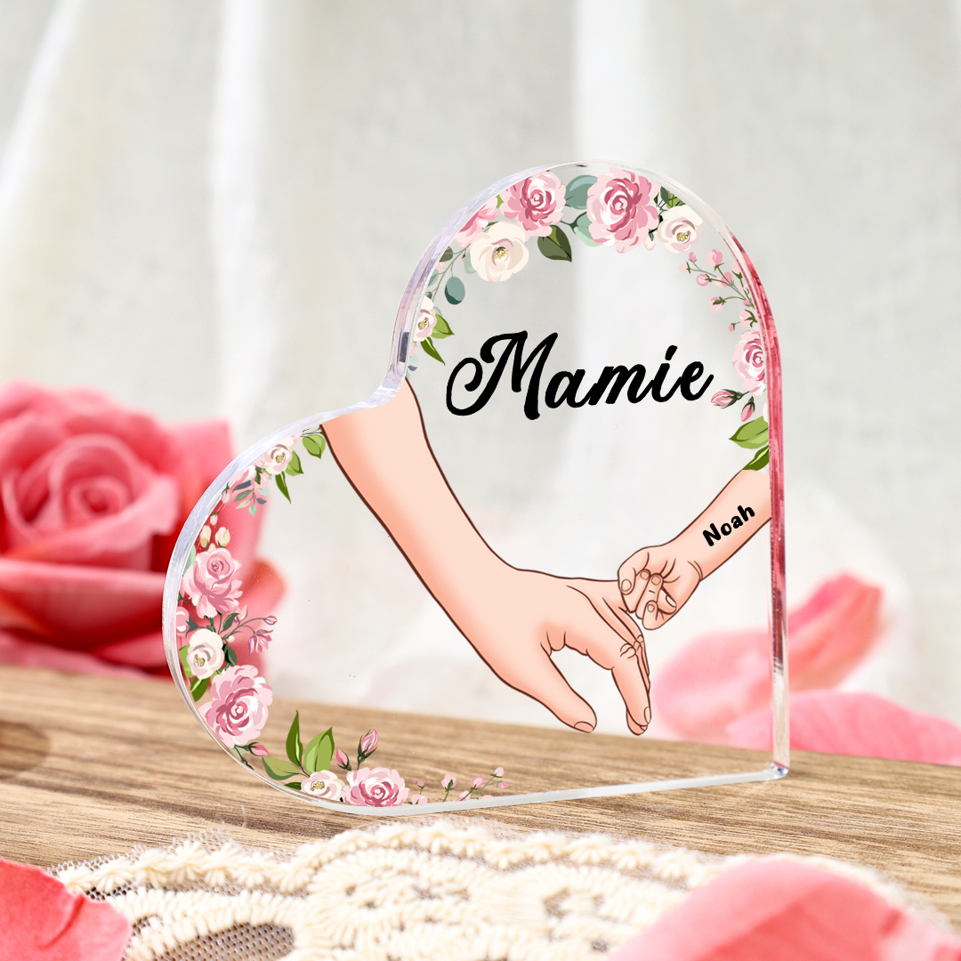 Plaque Acrylique en Forme de Cœur La Main Dans La Main 1 Prénom Personnalisé avec Texte