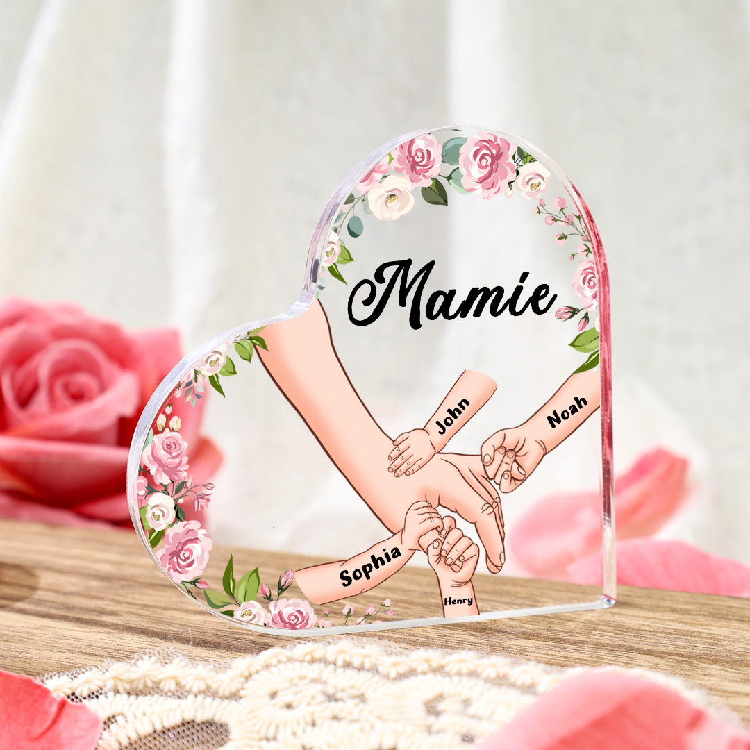 Plaque Acrylique en Forme de Cœur La Main Dans La Main 4 Prénoms Personnalisés avec Texte