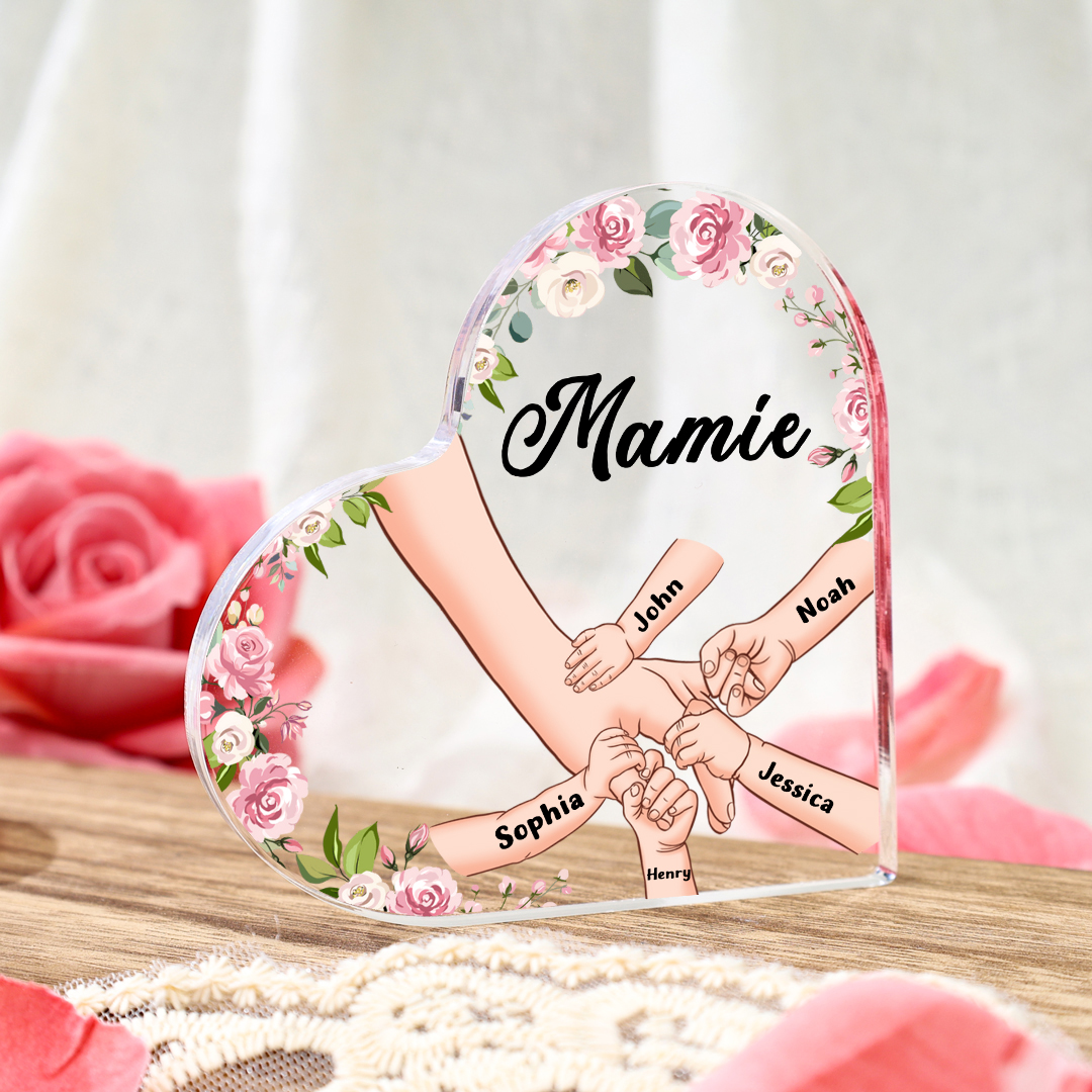 Plaque Acrylique en Forme de Cœur La Main Dans La Main 5 Prénoms Personnalisés avec Texte | Jessemade