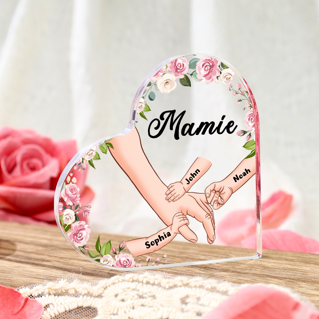 Plaque Acrylique en Forme de Cœur La Main Dans La Main 3 Prénoms Personnalisés avec Texte