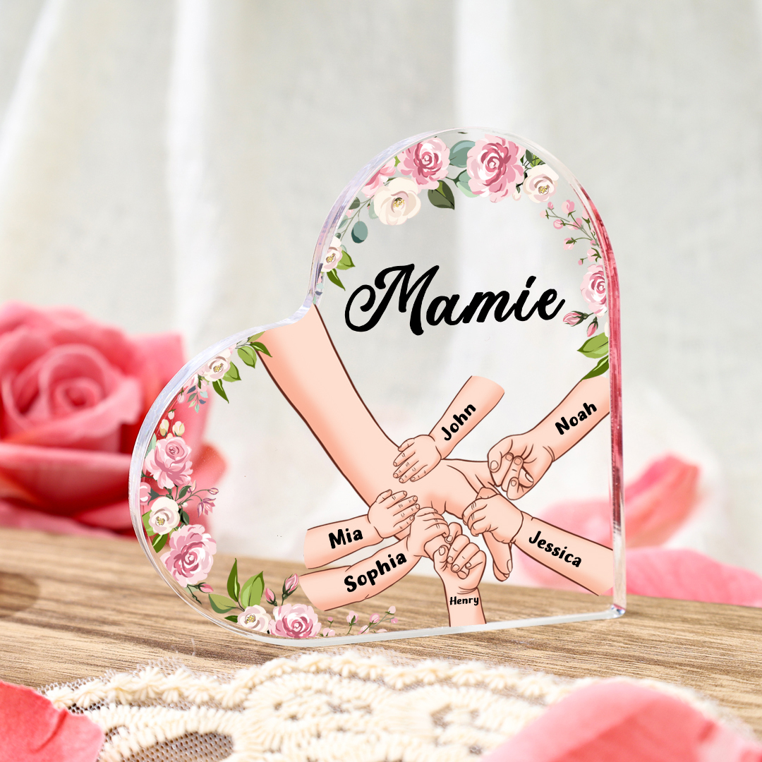 Plaque Acrylique en Forme de Cœur La Main Dans La Main 6 Prénoms Personnalisés avec Texte