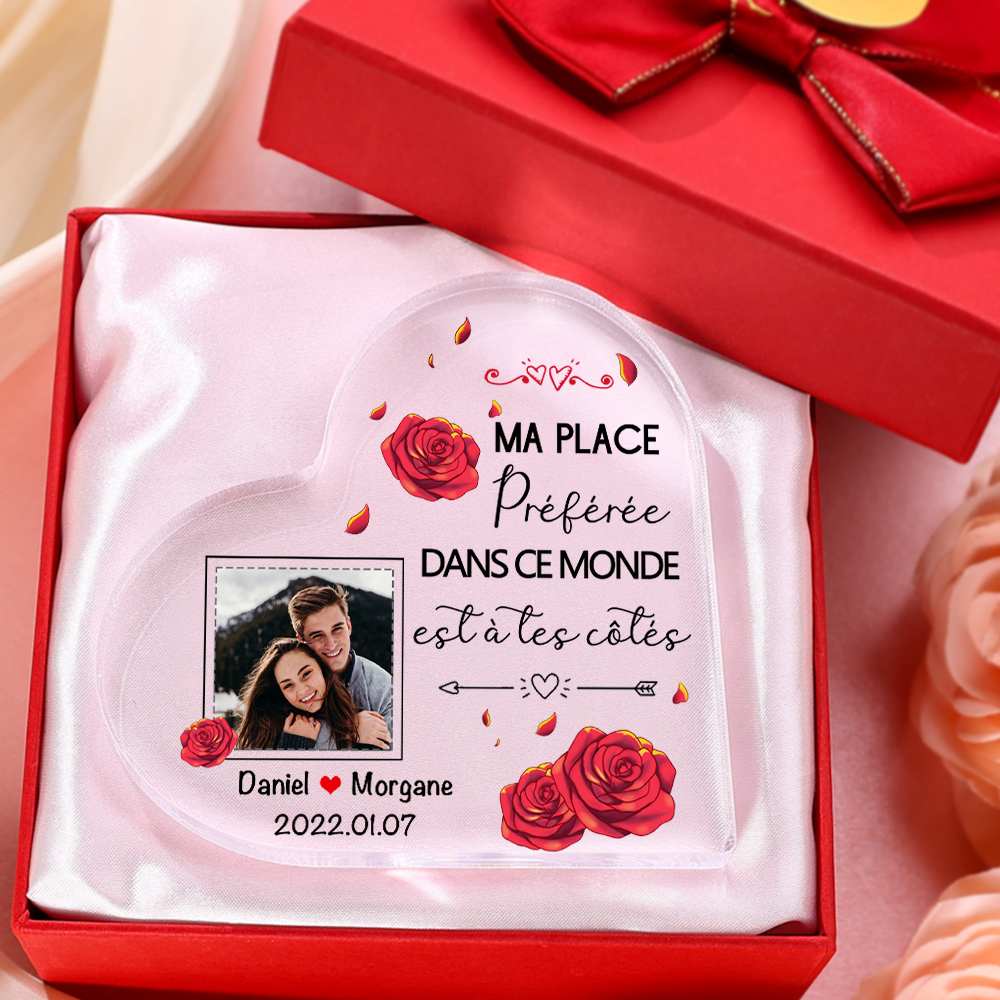 Plaque Acrylique en Forme de Coeur 2 Prénoms avec Photo et Date Personnalisées