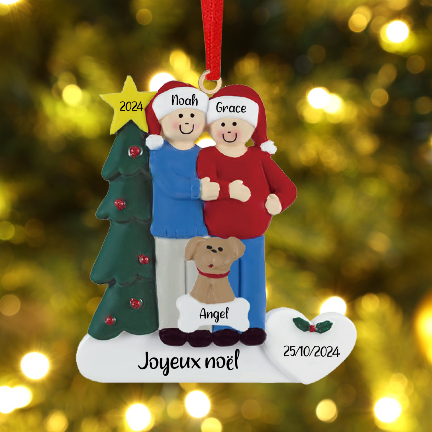 Ornements de Noël avec 2 Poupées et 1 Chien 3 Prénoms et 2 Dates Personnalisés avec Texte