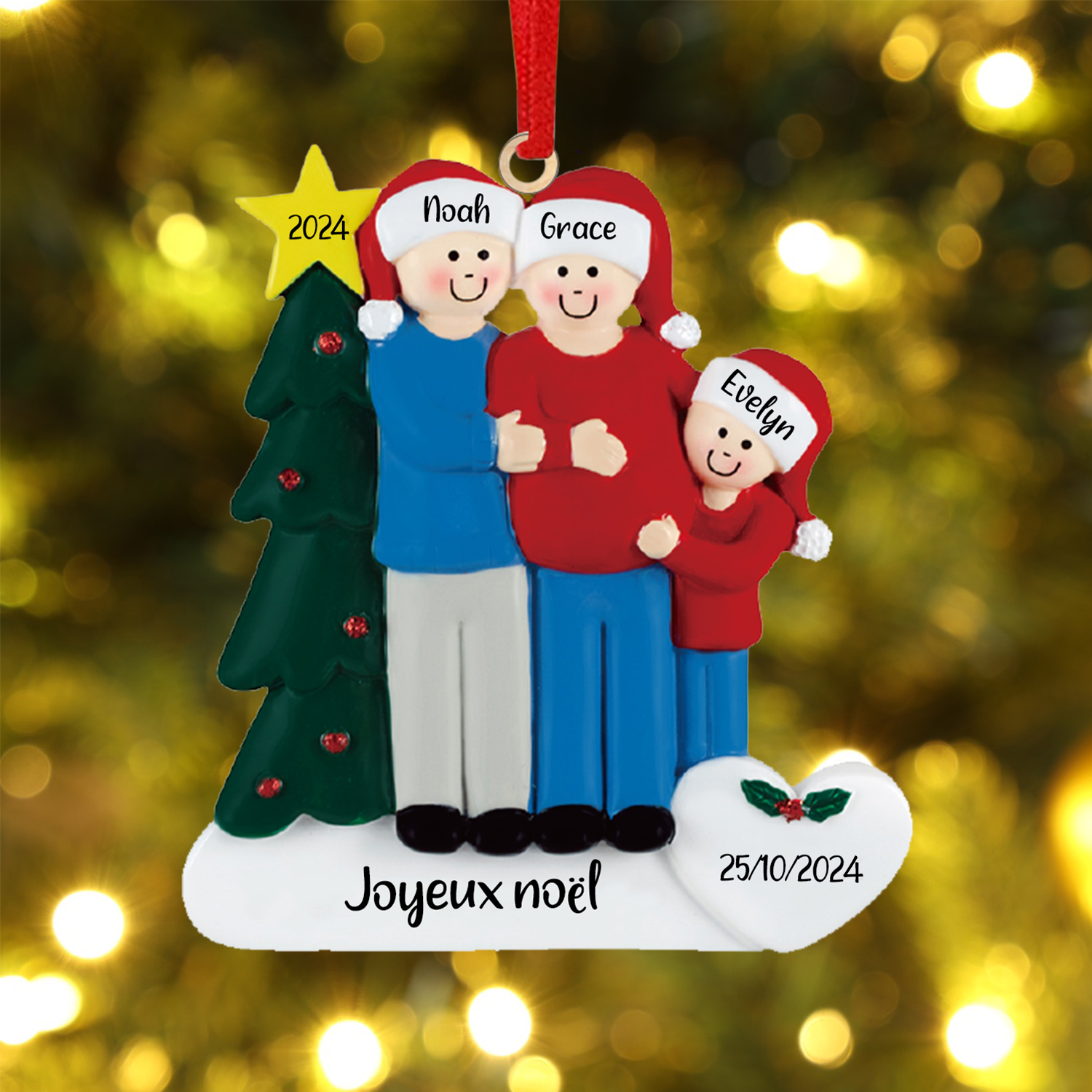 Ornements de Noël avec 3 Poupées 3 Prénoms et 2 Dates Personnalisés avec Texte