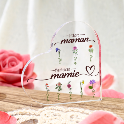 À ma Mamie - Plaque Acrylique en forme de Cœur 2-10 Prénoms Personnalisés avec Fleur de naissance