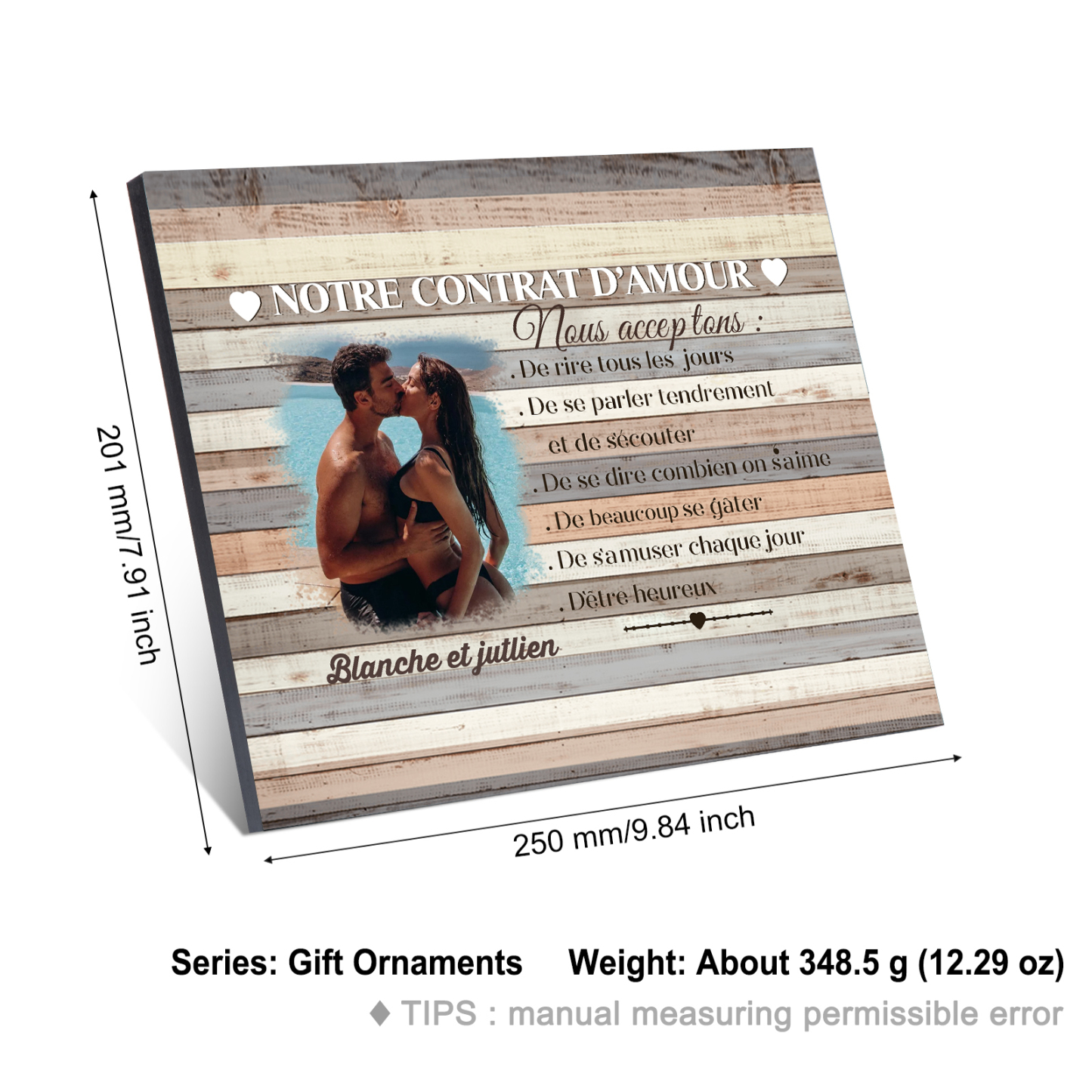 Cadre en Bois 2 Prénoms Personnalisés avec Photo pour Couple Cadeau Saint Valentin