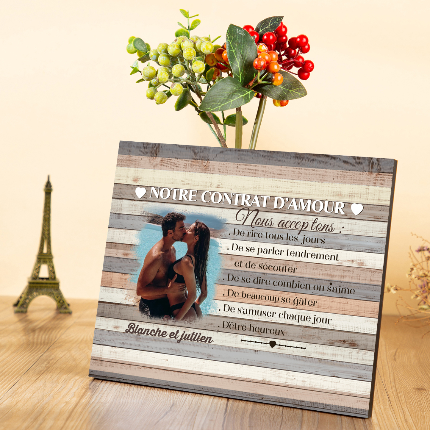 Cadre en Bois 2 Prénoms Personnalisés avec Photo pour Couple Cadeau Saint Valentin