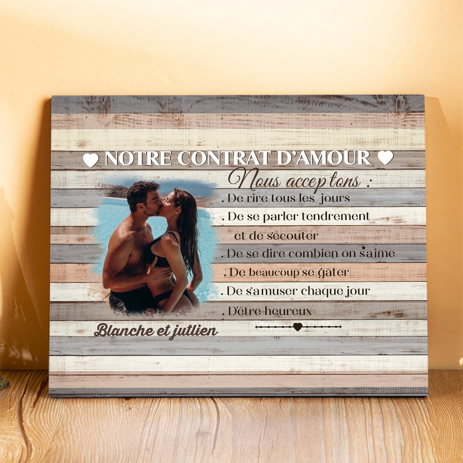 Cadre en Bois 2 Prénoms Personnalisés avec Photo pour Couple Cadeau Saint Valentin