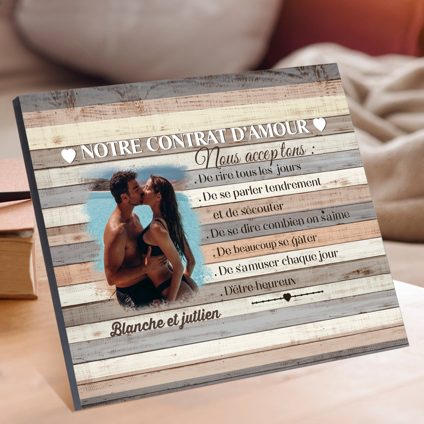 Cadre en Bois 2 Prénoms Personnalisés avec Photo pour Couple Cadeau Saint Valentin