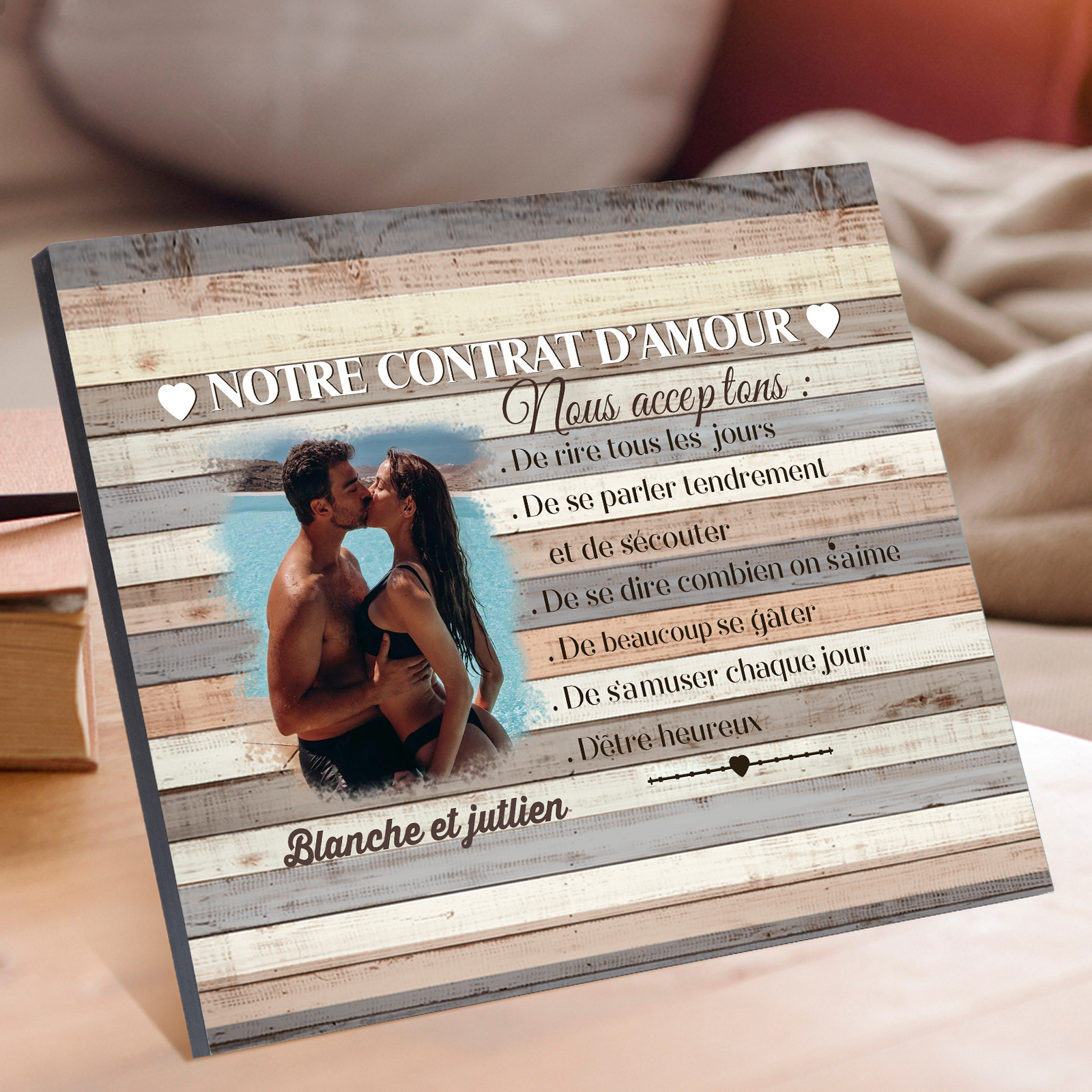 Cadre en Bois 2 Prénoms Personnalisés avec Photo pour Couple Cadeau Saint Valentin