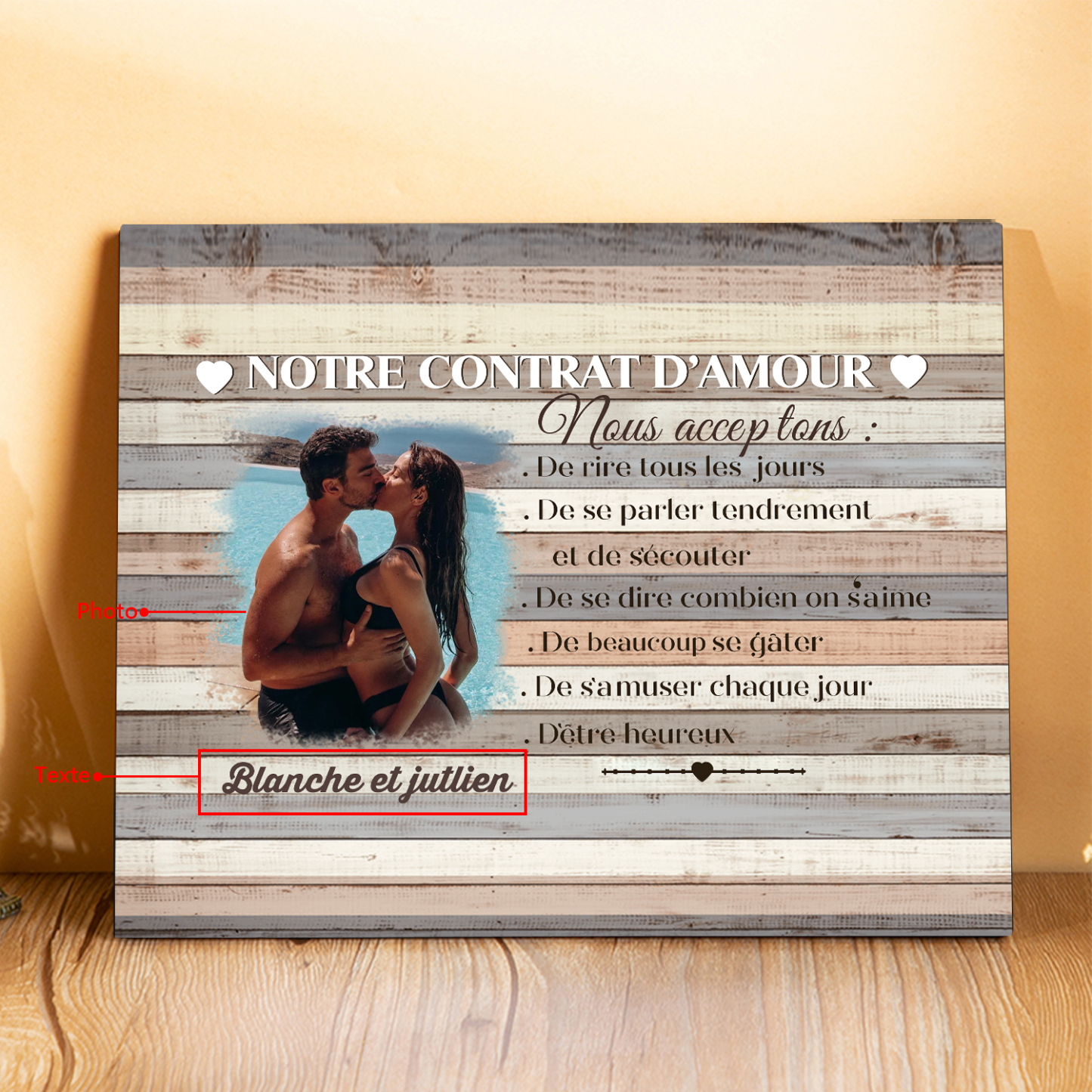 Cadre en Bois 2 Prénoms Personnalisés avec Photo pour Couple Cadeau Saint Valentin