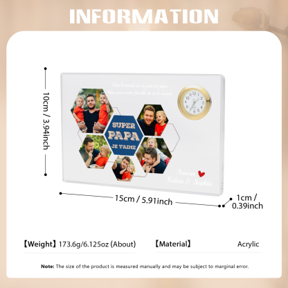 À mon Papa - Plaque Acrylique rectangle avec Horloge 2 Prénoms et 5 Photos Personnalisés | Cadeau Fête des Pères | Jessemade