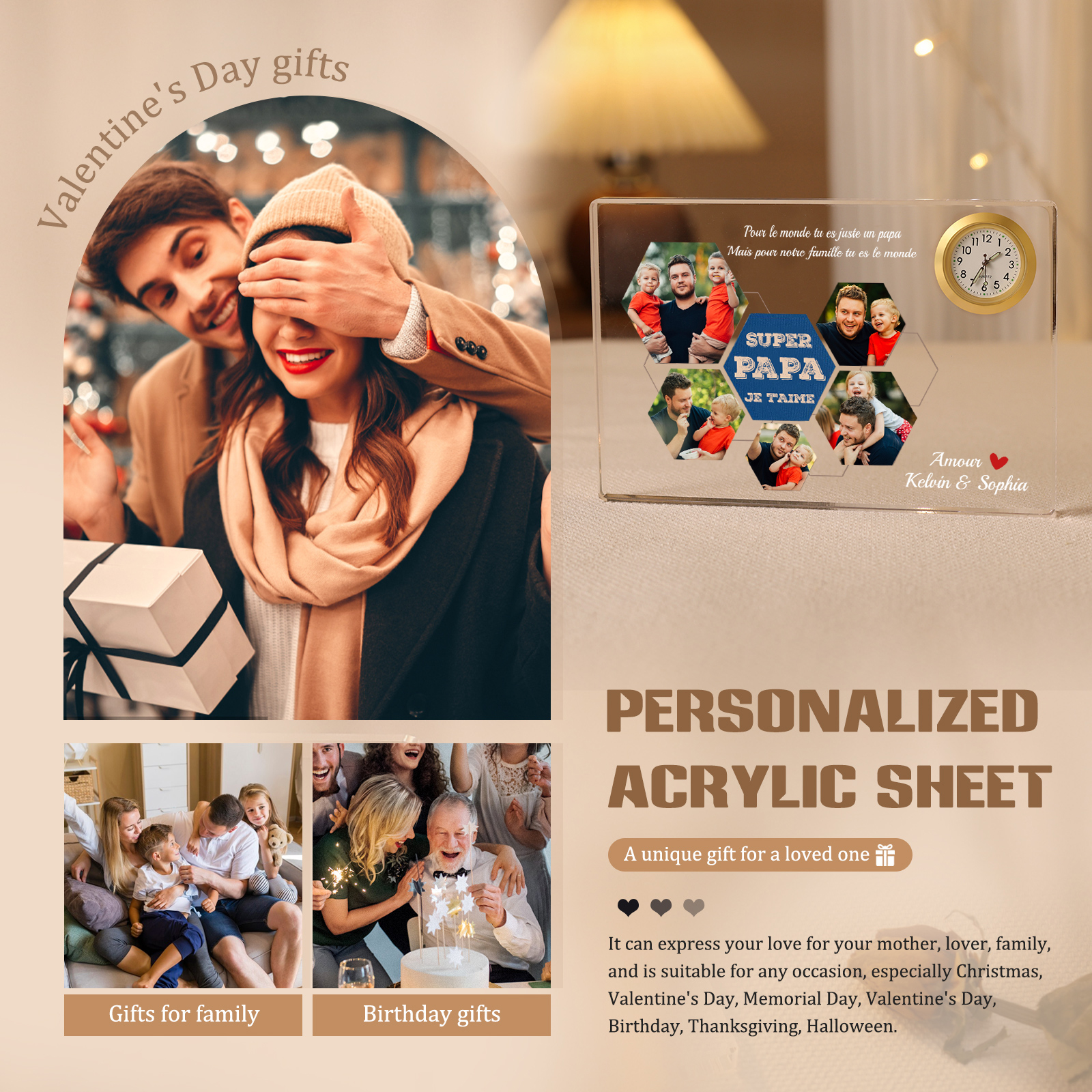 À mon Papa - Plaque Acrylique rectangle avec Horloge 2 Prénoms et 5 Photos Personnalisés | Cadeau Fête des Pères | Jessemade