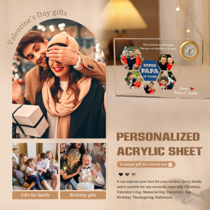 À mon Papa - Plaque Acrylique rectangle avec Horloge 2 Prénoms et 5 Photos Personnalisés | Cadeau Fête des Pères | Jessemade