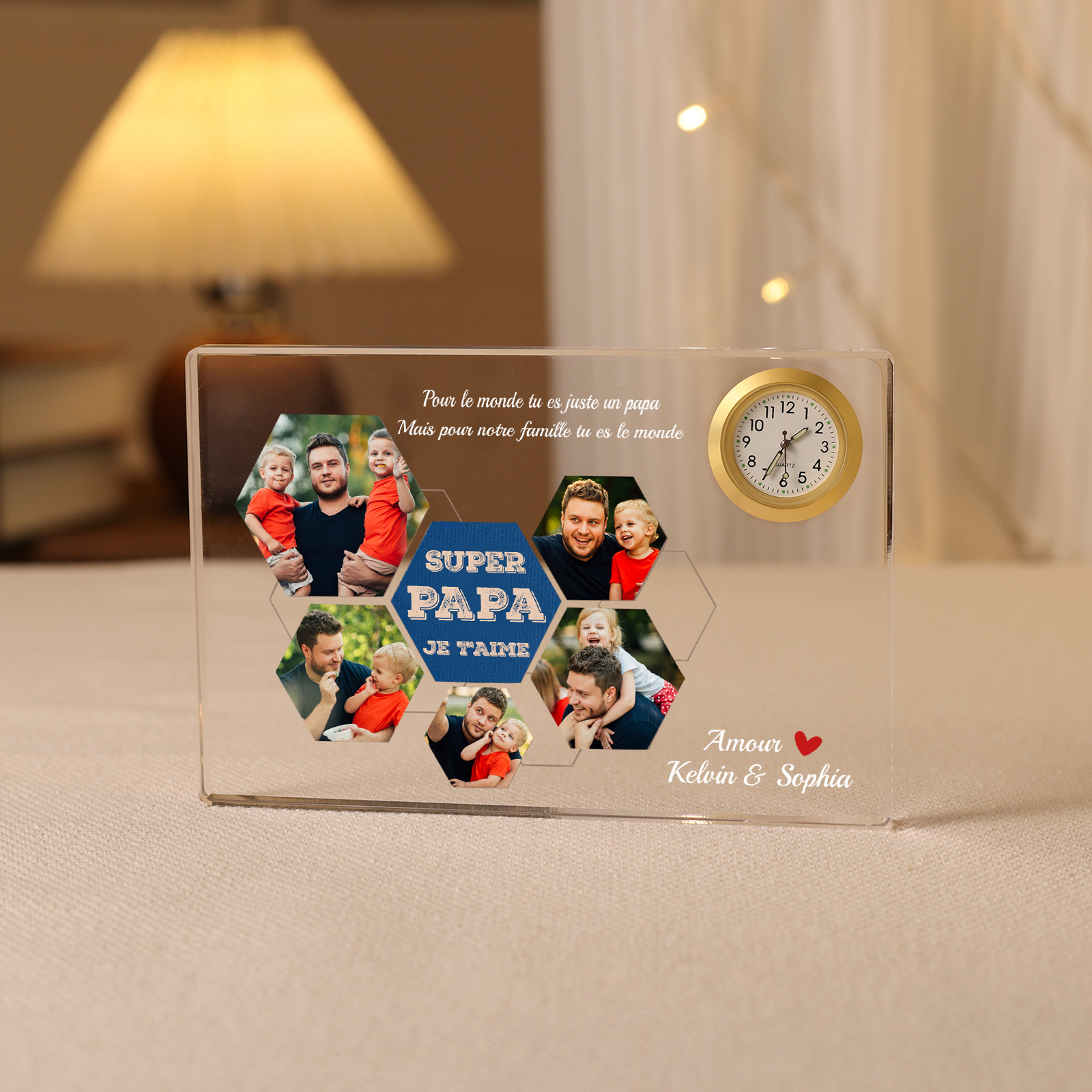 À mon Papa - Plaque Acrylique rectangle avec Horloge 2 Prénoms et 5 Photos Personnalisés-Jessemade FR