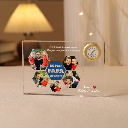 À mon Papa - Plaque Acrylique rectangle avec Horloge 2 Prénoms et 5 Photos Personnalisés-Jessemade FR
