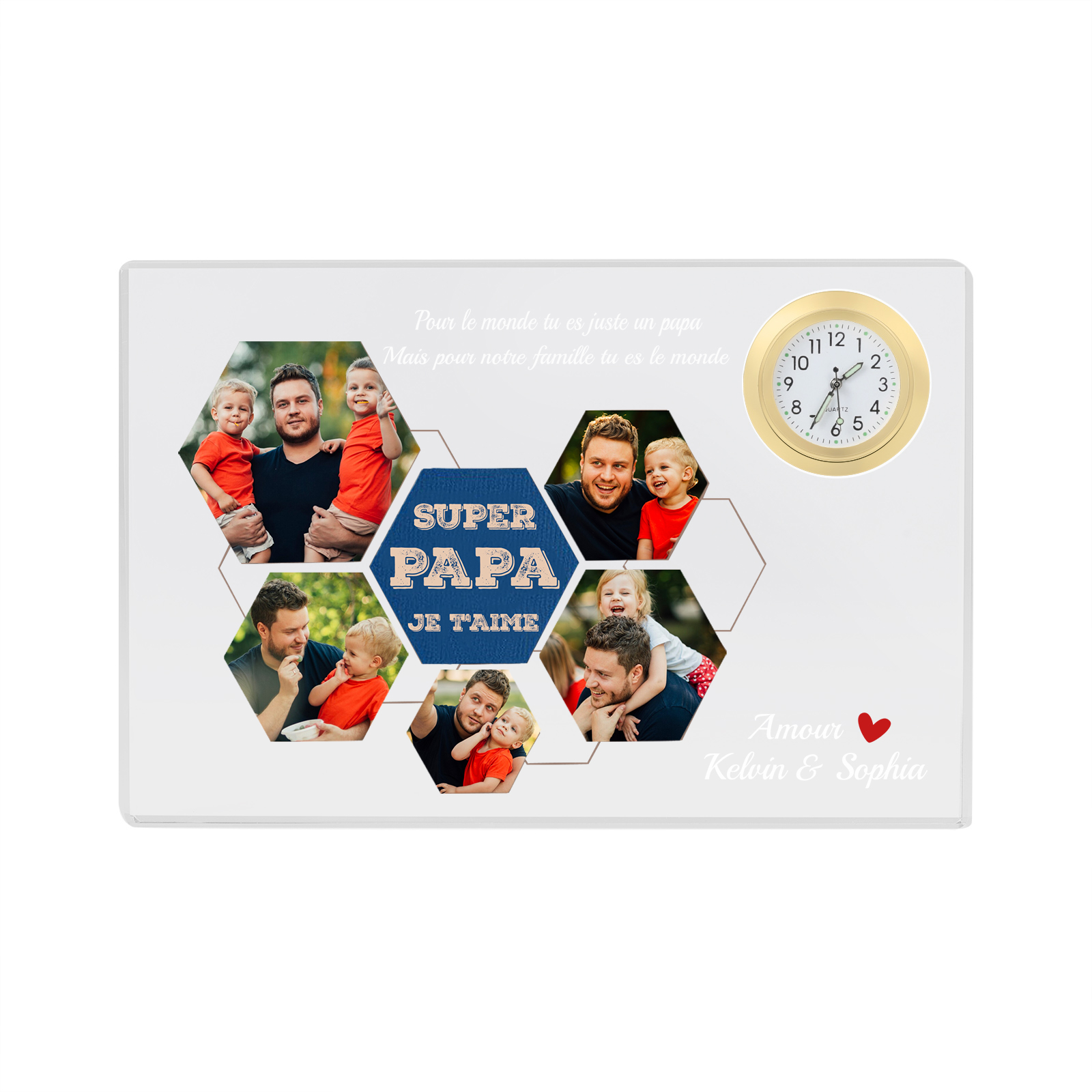 À mon Papa - Plaque Acrylique rectangle avec Horloge 2 Prénoms et 5 Photos Personnalisés | Cadeau Fête des Pères | Jessemade