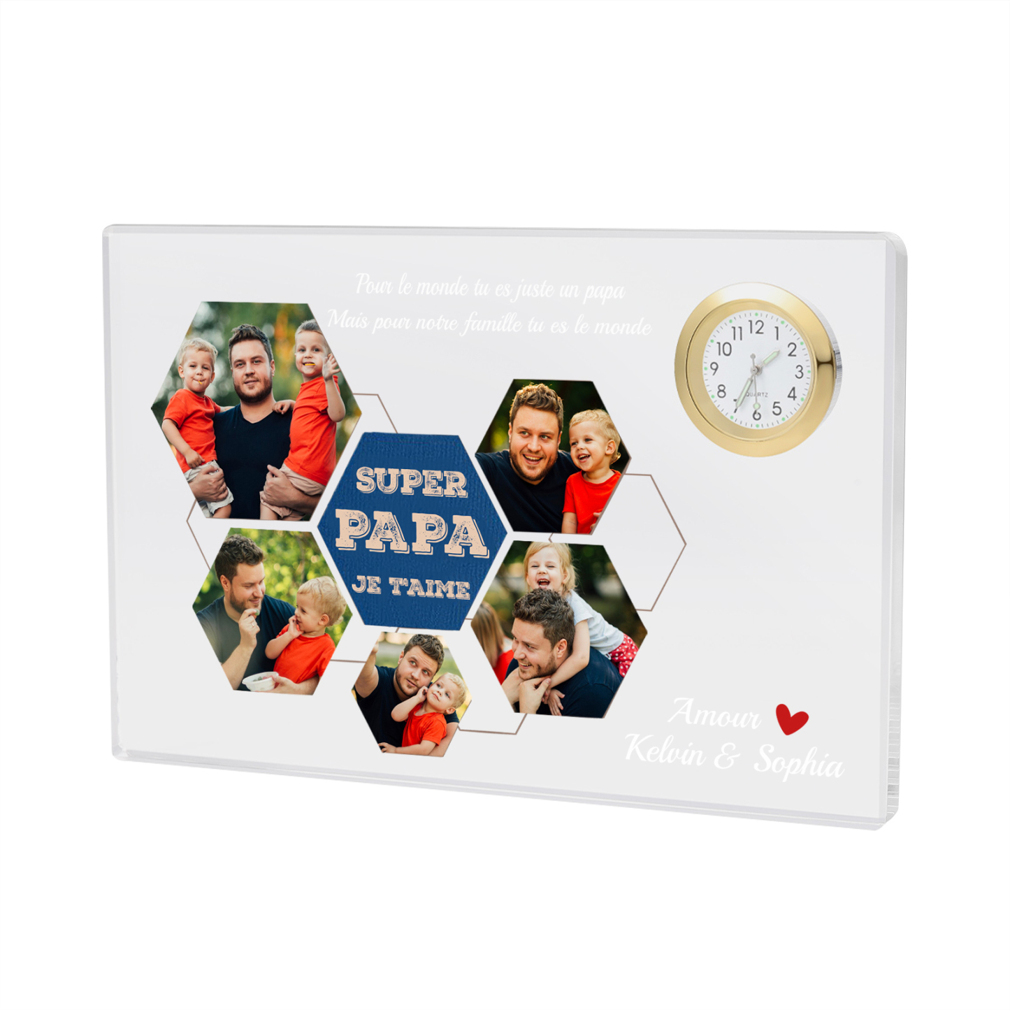 À mon Papa - Plaque Acrylique rectangle avec Horloge 2 Prénoms et 5 Photos Personnalisés | Cadeau Fête des Pères | Jessemade