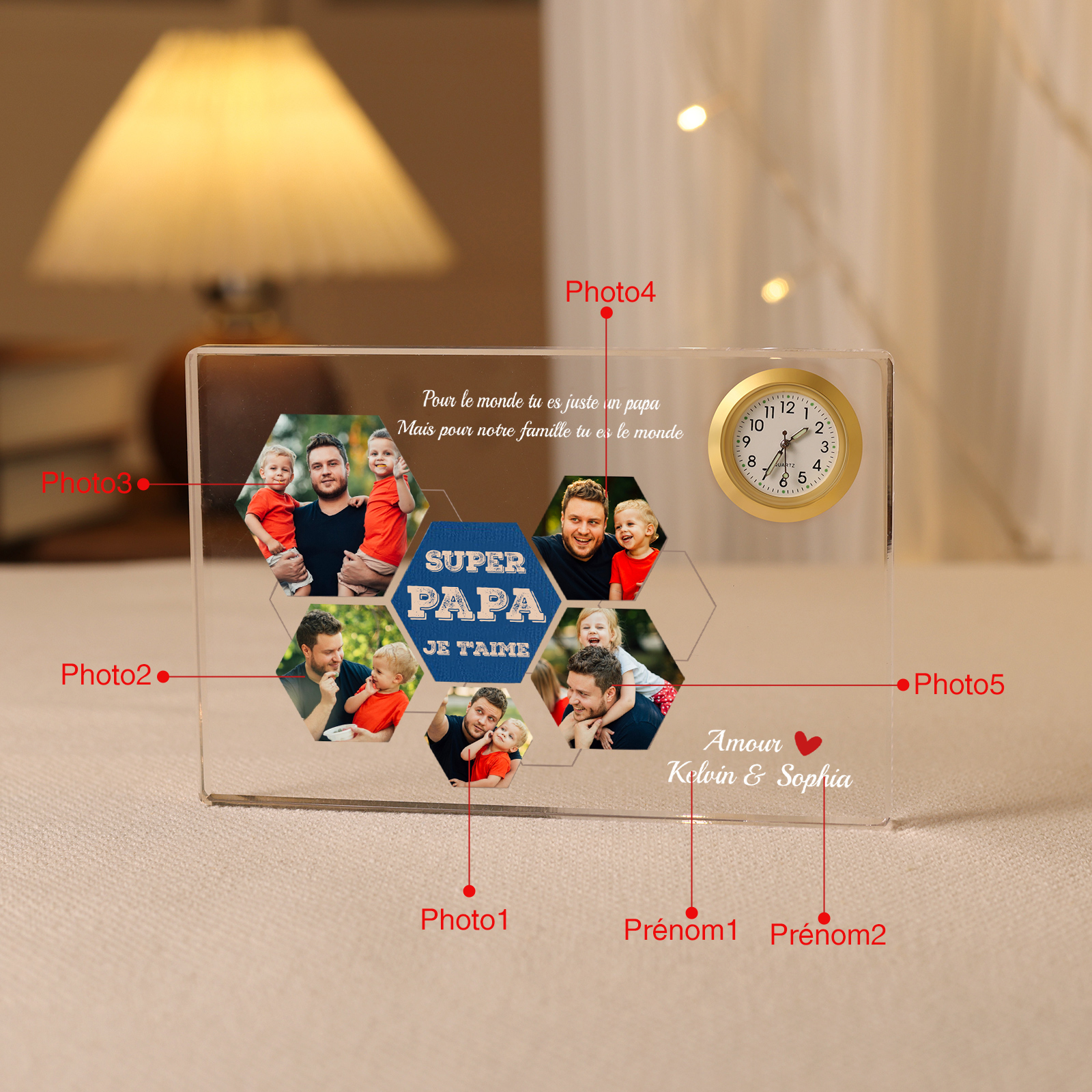 À mon Papa - Plaque Acrylique rectangle avec Horloge 2 Prénoms et 5 Photos Personnalisés | Cadeau Fête des Pères | Jessemade