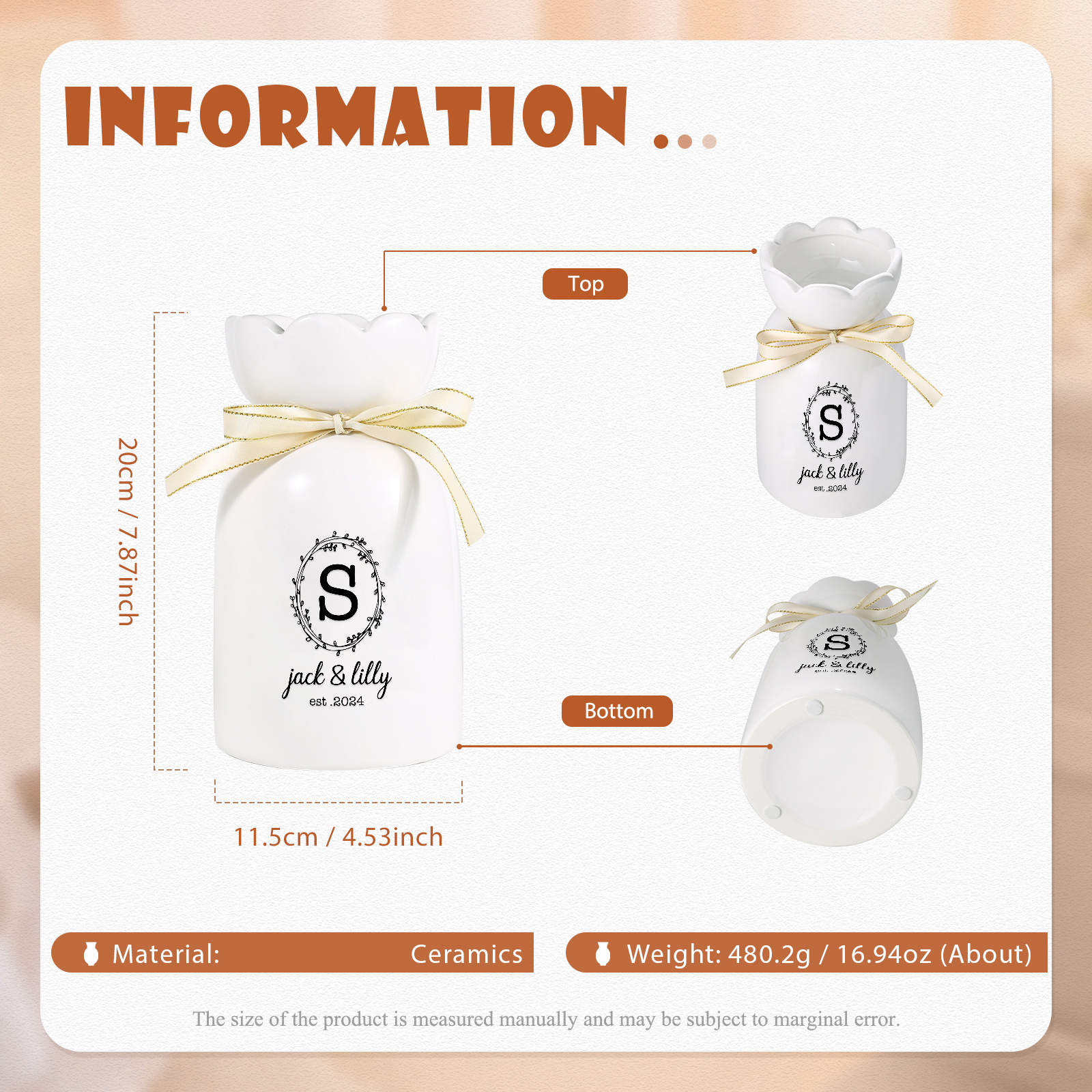Vase décoratif Céramique 2 Prénoms Personnalisés avec texte et Date (sans plantes) | Jessemade
