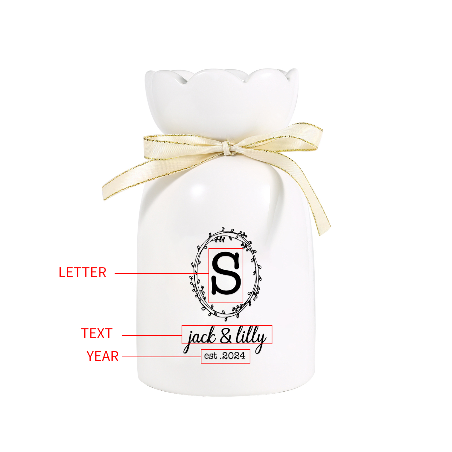 Vase décoratif Céramique 2 Prénoms Personnalisés avec texte et Date (sans plantes) | Jessemade