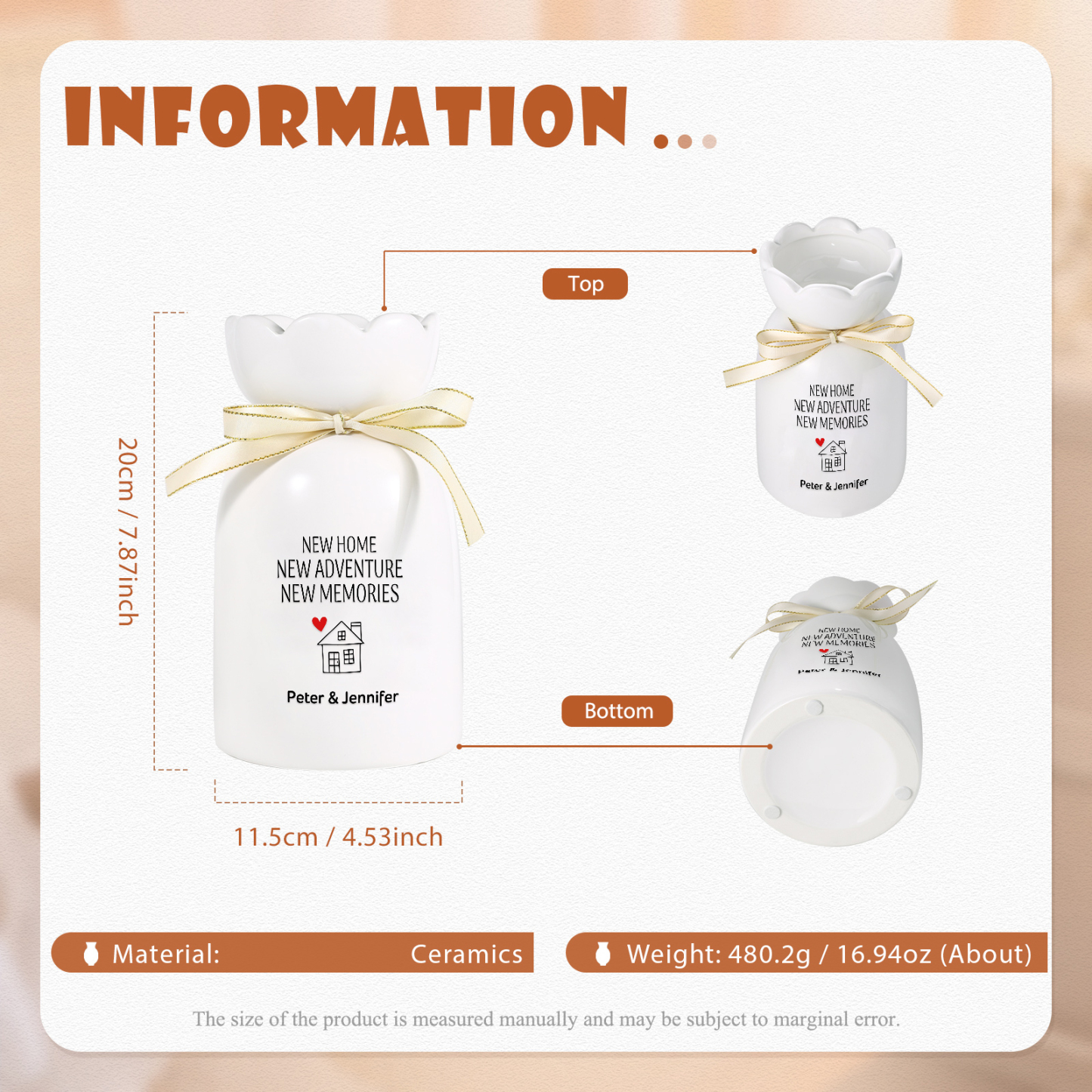 Vase décoratif Céramique maison 2 Prénoms Personnalisés avec texte et Date (sans plantes) | Jessemade