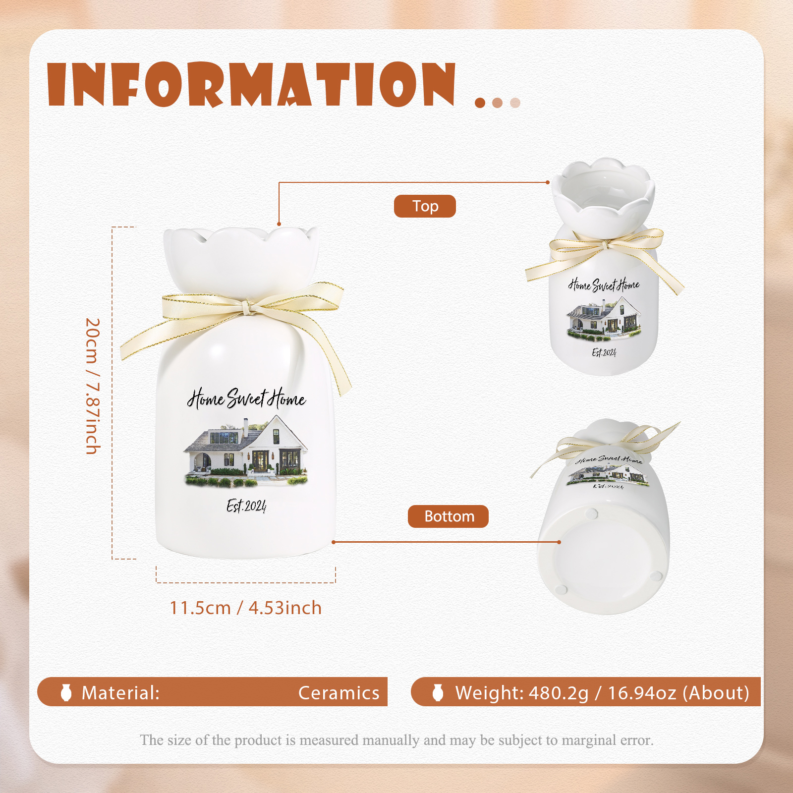 Vase décoratif Céramique maison 2 Prénoms Personnalisés avec photo et Date (sans plantes) | Jessemade