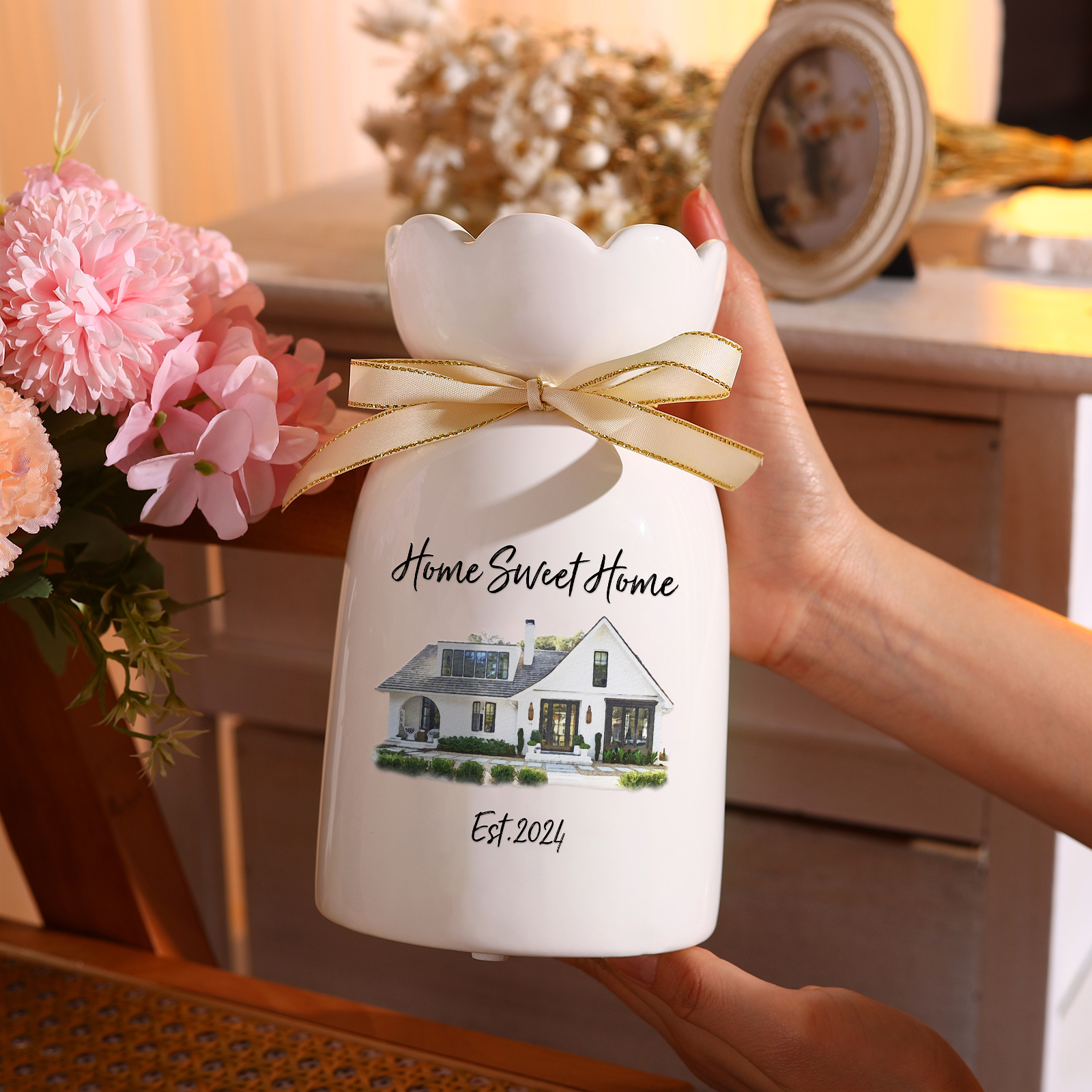 Vase décoratif Céramique maison 2 Prénoms Personnalisés avec photo et Date (sans plantes) | Jessemade