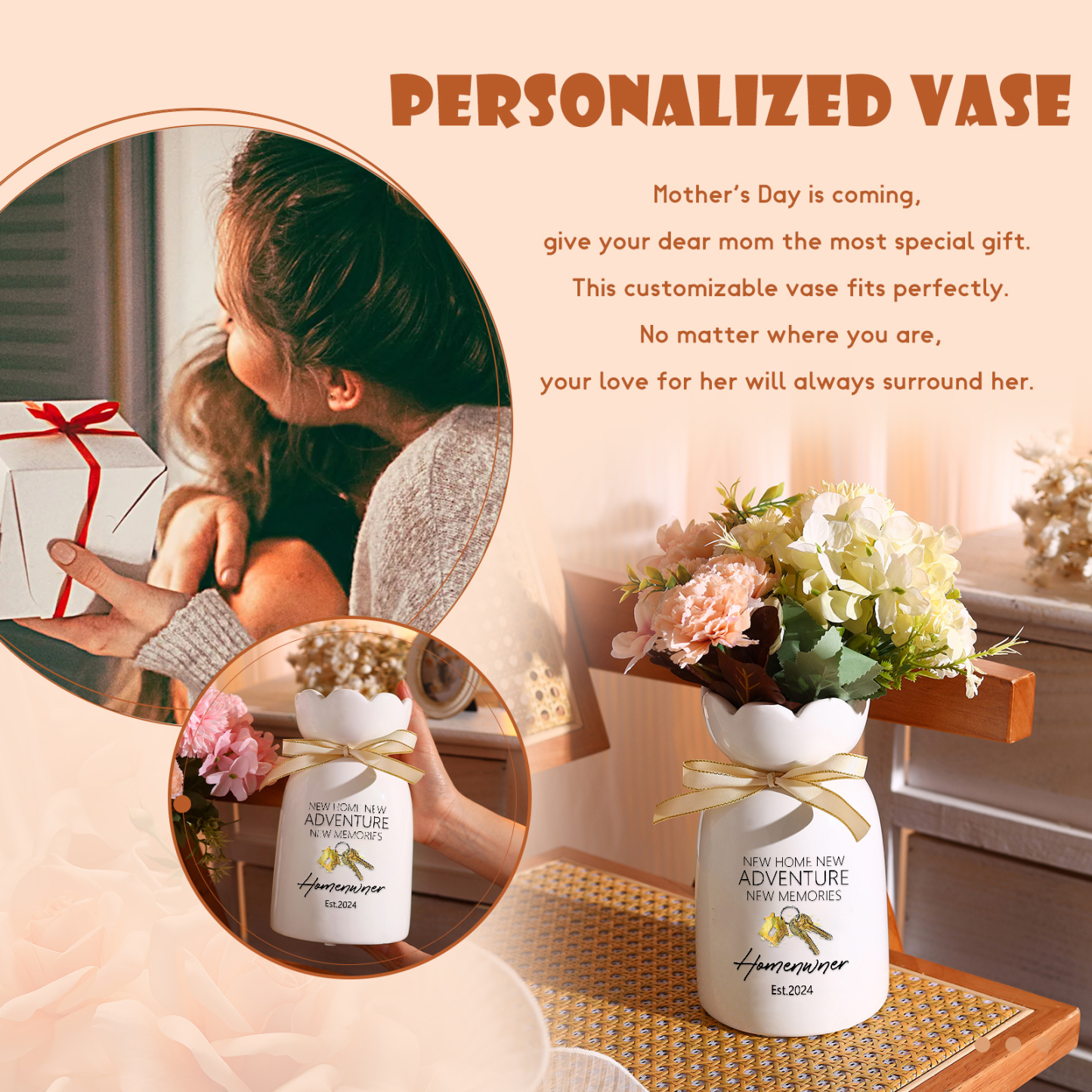 Vase décoratif Céramique maison et clé 1 Prénoms Personnalisés avec texte et Date (sans plantes) | Jessemade