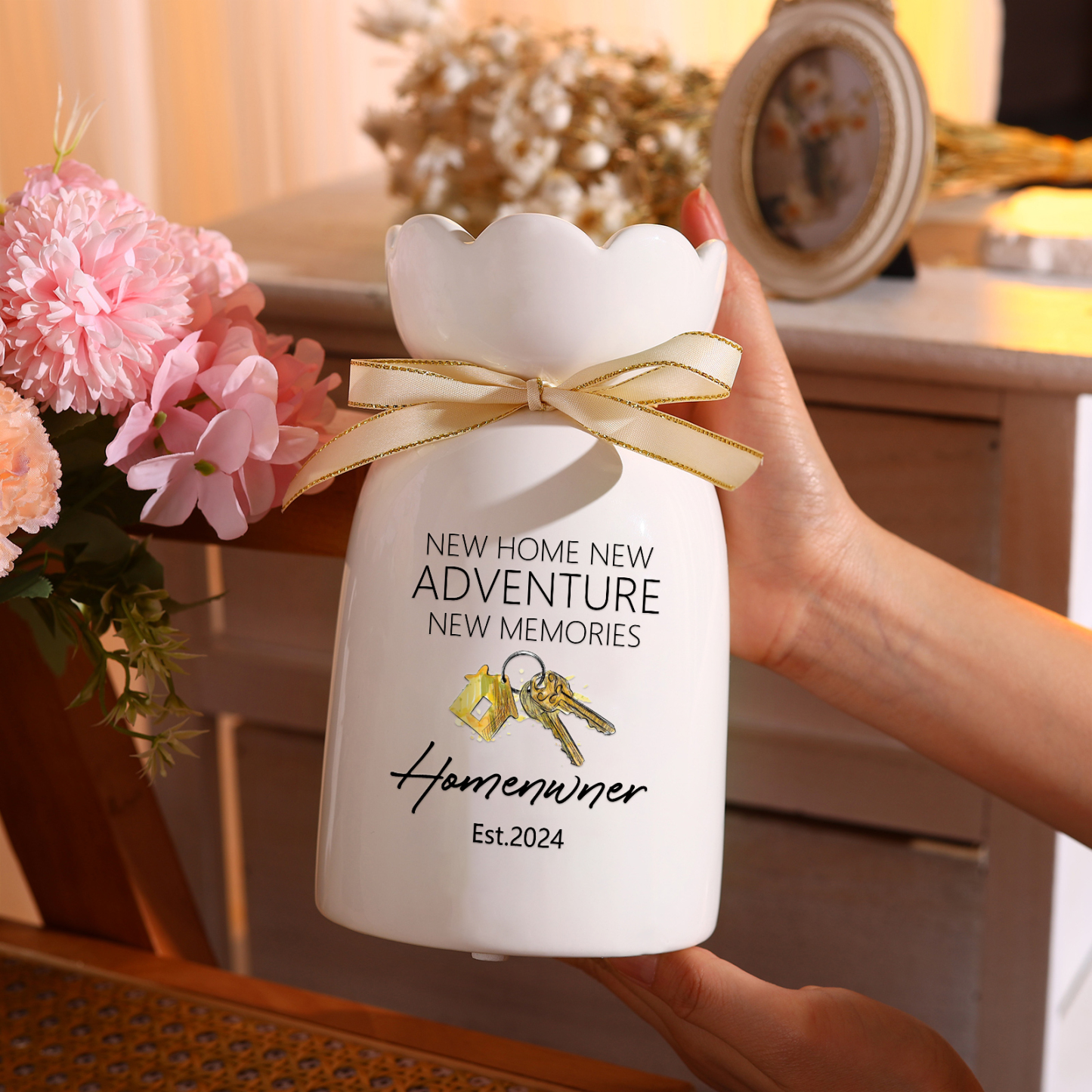 Vase décoratif Céramique maison et clé 1 Prénoms Personnalisés avec texte et Date (sans plantes) | Jessemade