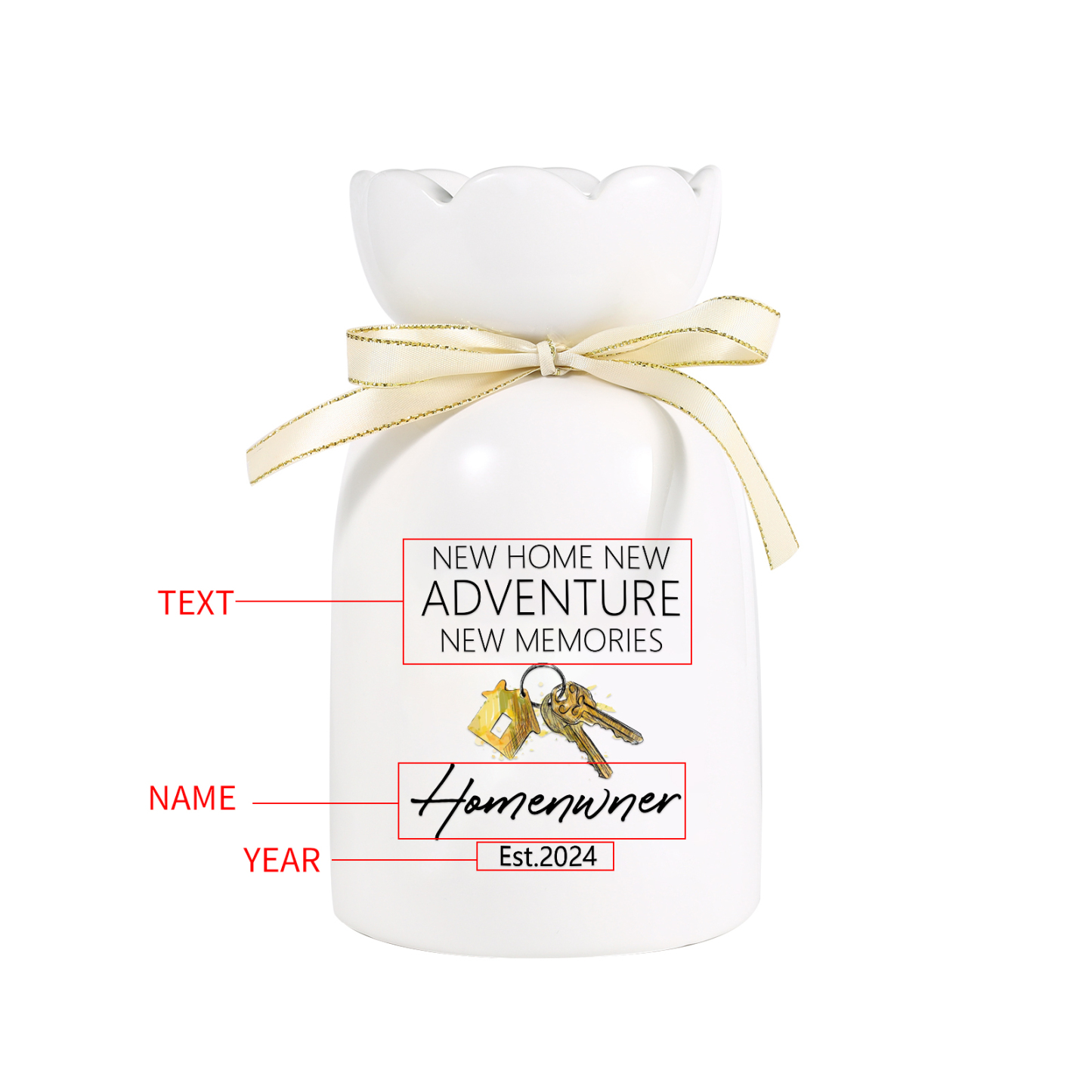 Vase décoratif Céramique maison et clé 1 Prénoms Personnalisés avec texte et Date (sans plantes) | Jessemade