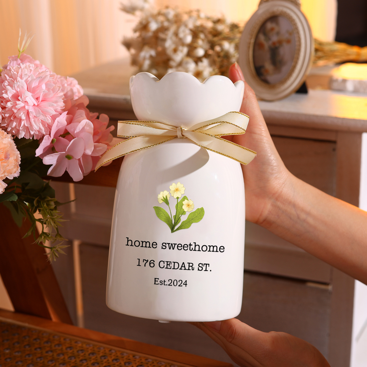 Vase décoratif Céramique maison et clé fleur de naiisance Personnalisés avec texte et Date (sans plantes) | Jessemade