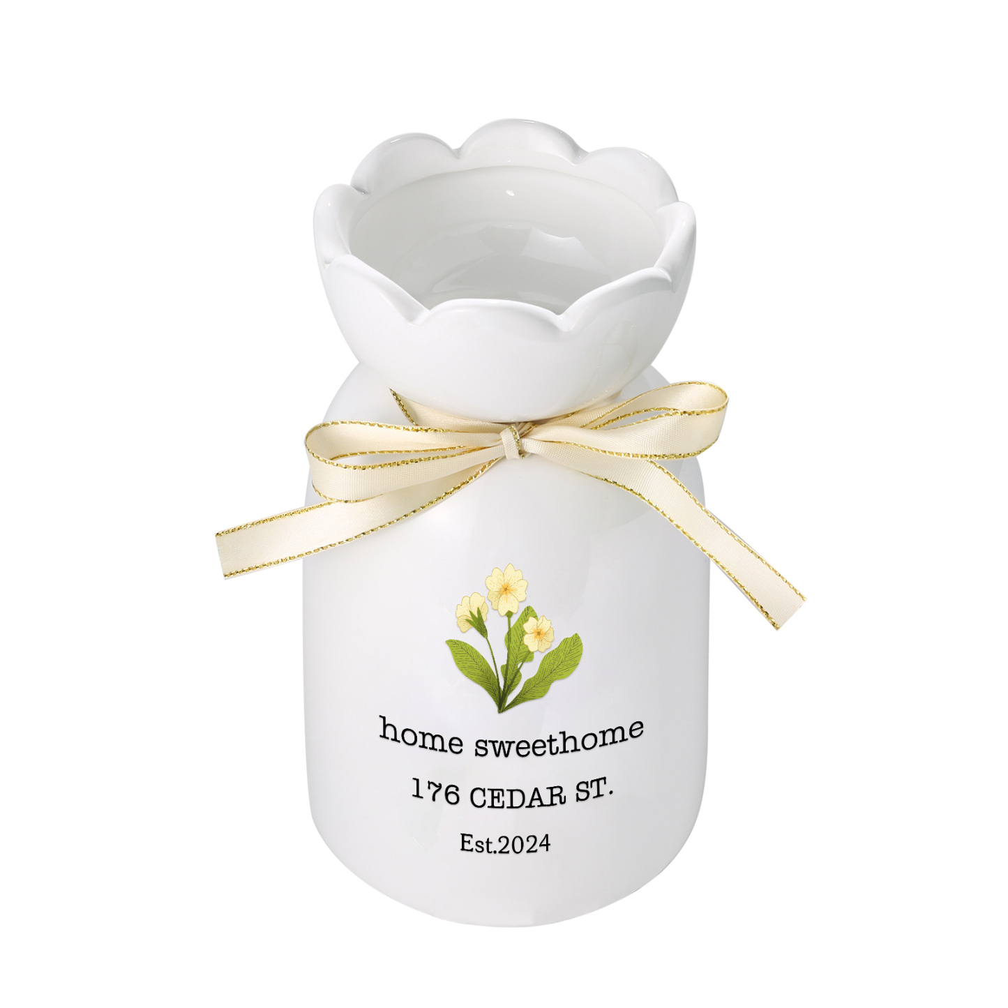 Vase décoratif Céramique maison et clé fleur de naiisance Personnalisés avec texte et Date (sans plantes) | Jessemade