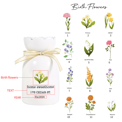 Vase décoratif Céramique maison et clé fleur de naiisance Personnalisés avec texte et Date (sans plantes) | Jessemade
