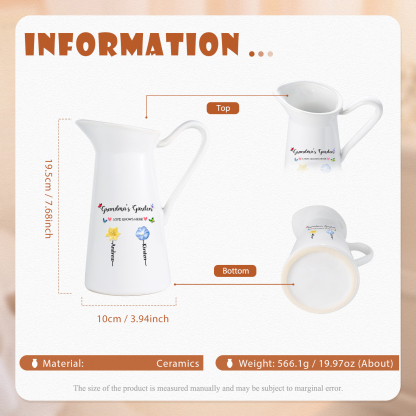 À Maman/Mamie - Vase Personnalisé 2-6 Prénoms et Fleurs de Naissance avec 2 Textes Vase Forme Pichet en Céramique (sans fleurs) | Jessemade