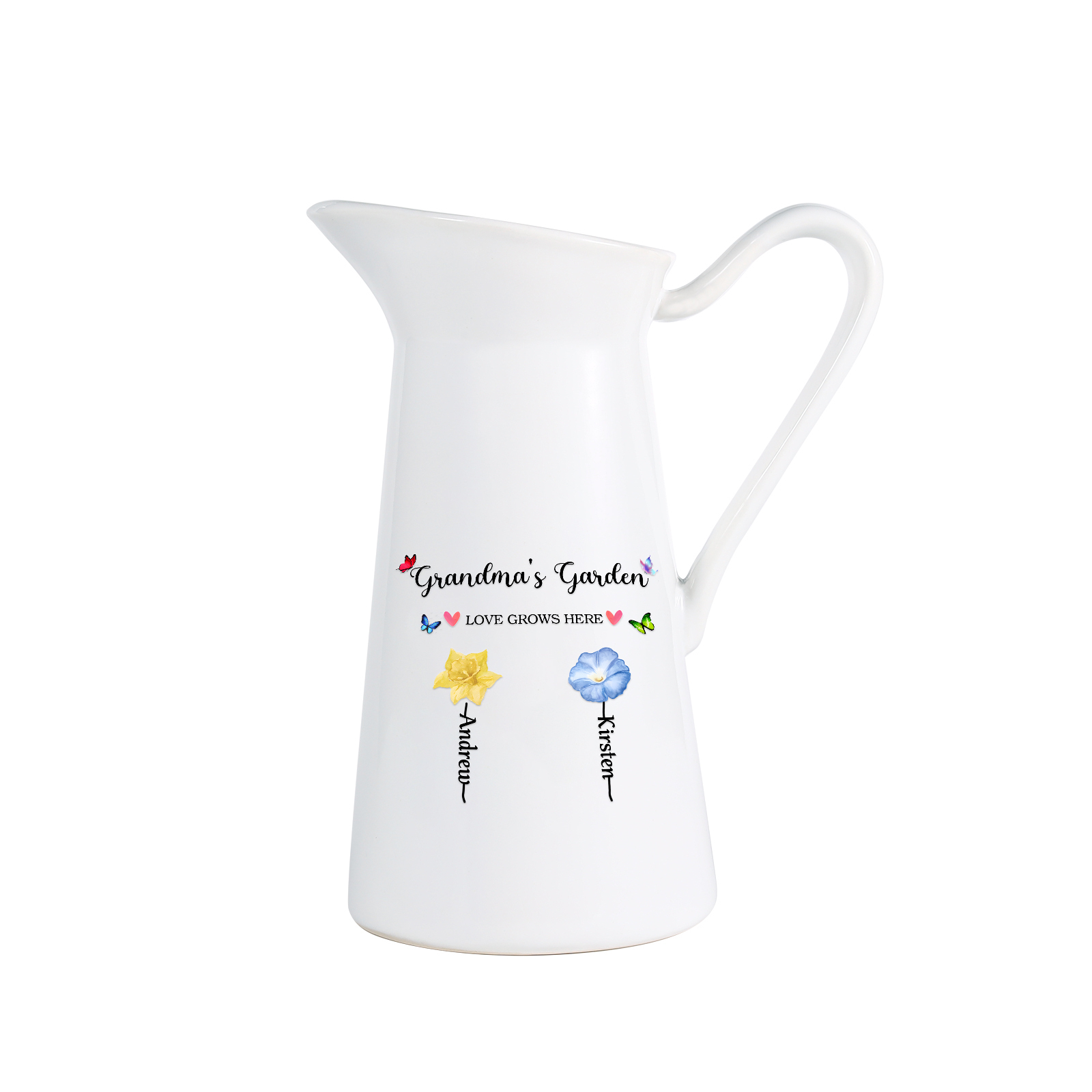 À Maman/Mamie - Vase Personnalisé 2-6 Prénoms et Fleurs de Naissance avec 2 Textes Vase Forme Pichet en Céramique (sans fleurs) | Jessemade