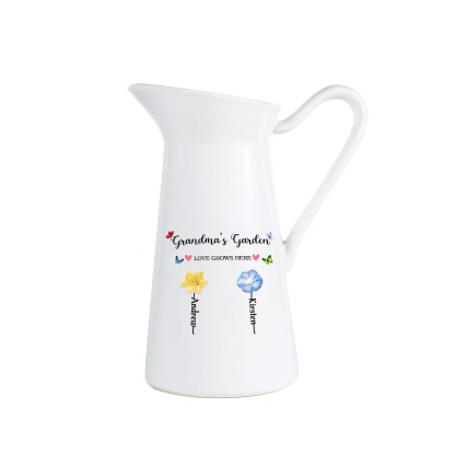 À Maman/Mamie - Vase Personnalisé 2-6 Prénoms et Fleurs de Naissance avec 2 Textes Vase Forme Pichet en Céramique (sans fleurs) | Jessemade