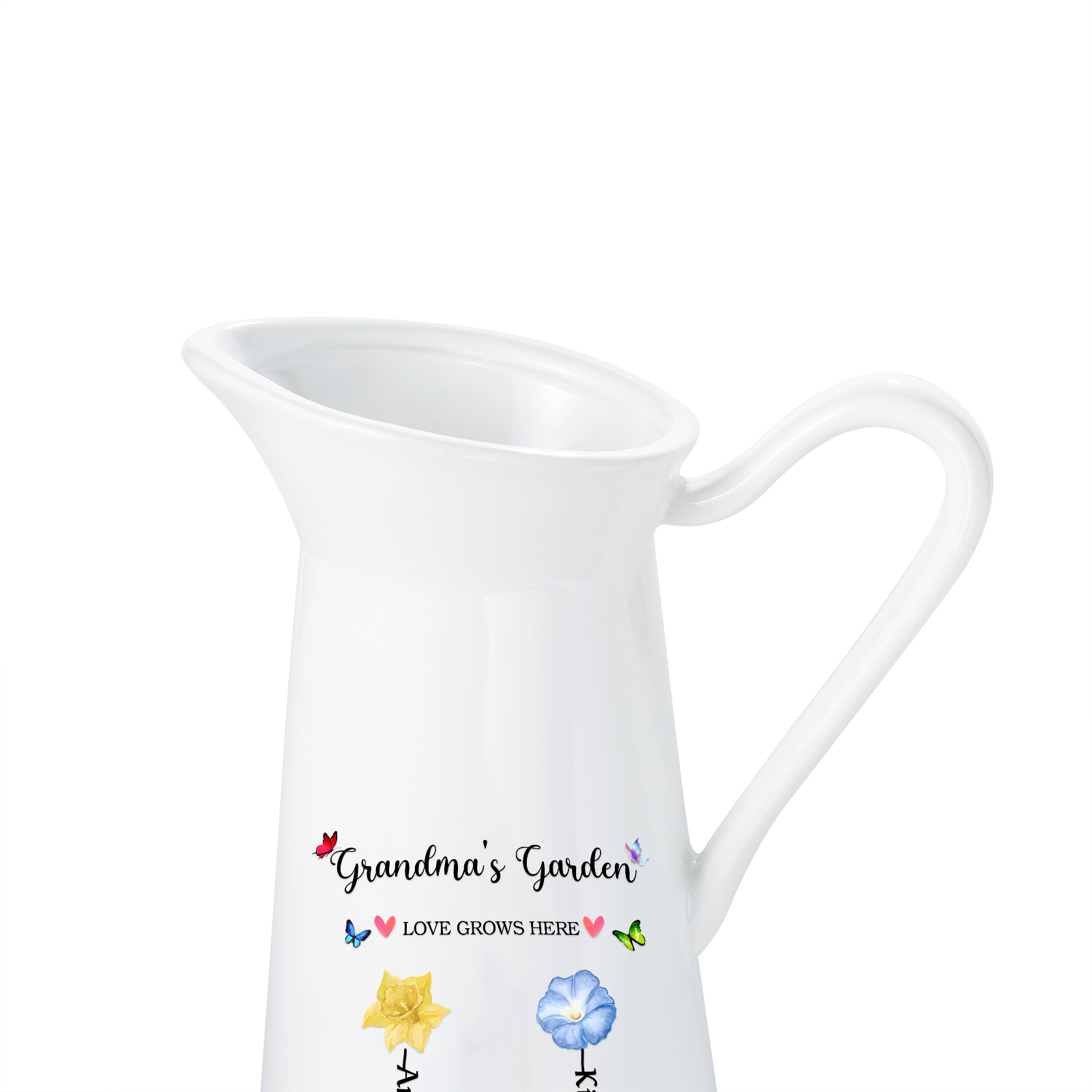 À Maman/Mamie - Vase Personnalisé 2-6 Prénoms et Fleurs de Naissance avec 2 Textes Vase Forme Pichet en Céramique (sans fleurs) | Jessemade