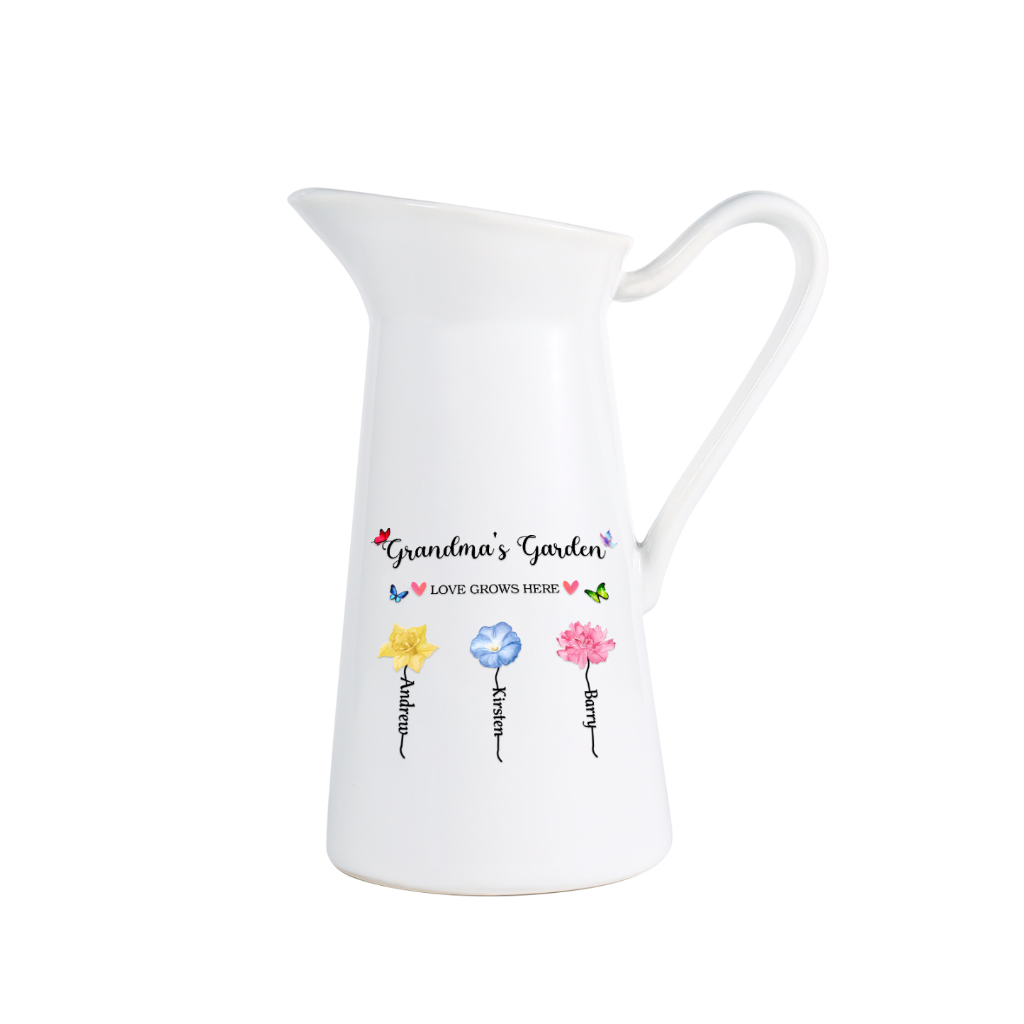 À Maman/Mamie - Vase Personnalisé 2-6 Prénoms et Fleurs de Naissance avec 2 Textes Vase Forme Pichet en Céramique (sans fleurs) | Jessemade