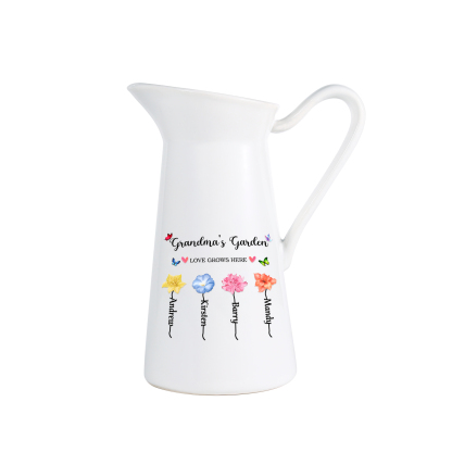 À Maman/Mamie - Vase Personnalisé 2-6 Prénoms et Fleurs de Naissance avec 2 Textes Vase Forme Pichet en Céramique (sans fleurs) | Jessemade