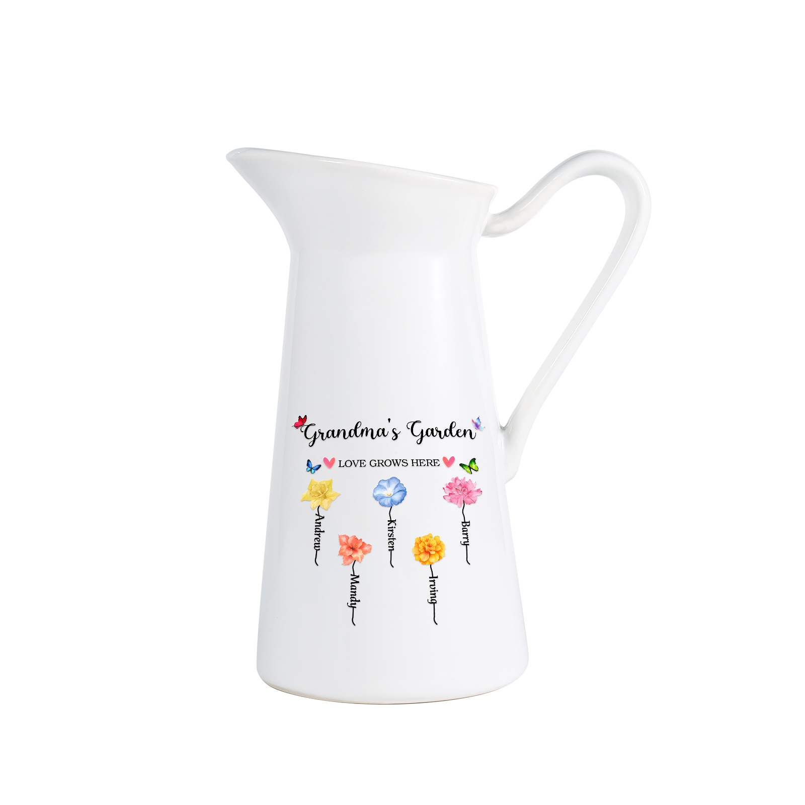 À Maman/Mamie - Vase Personnalisé 2-6 Prénoms et Fleurs de Naissance avec 2 Textes Vase Forme Pichet en Céramique (sans fleurs) | Jessemade