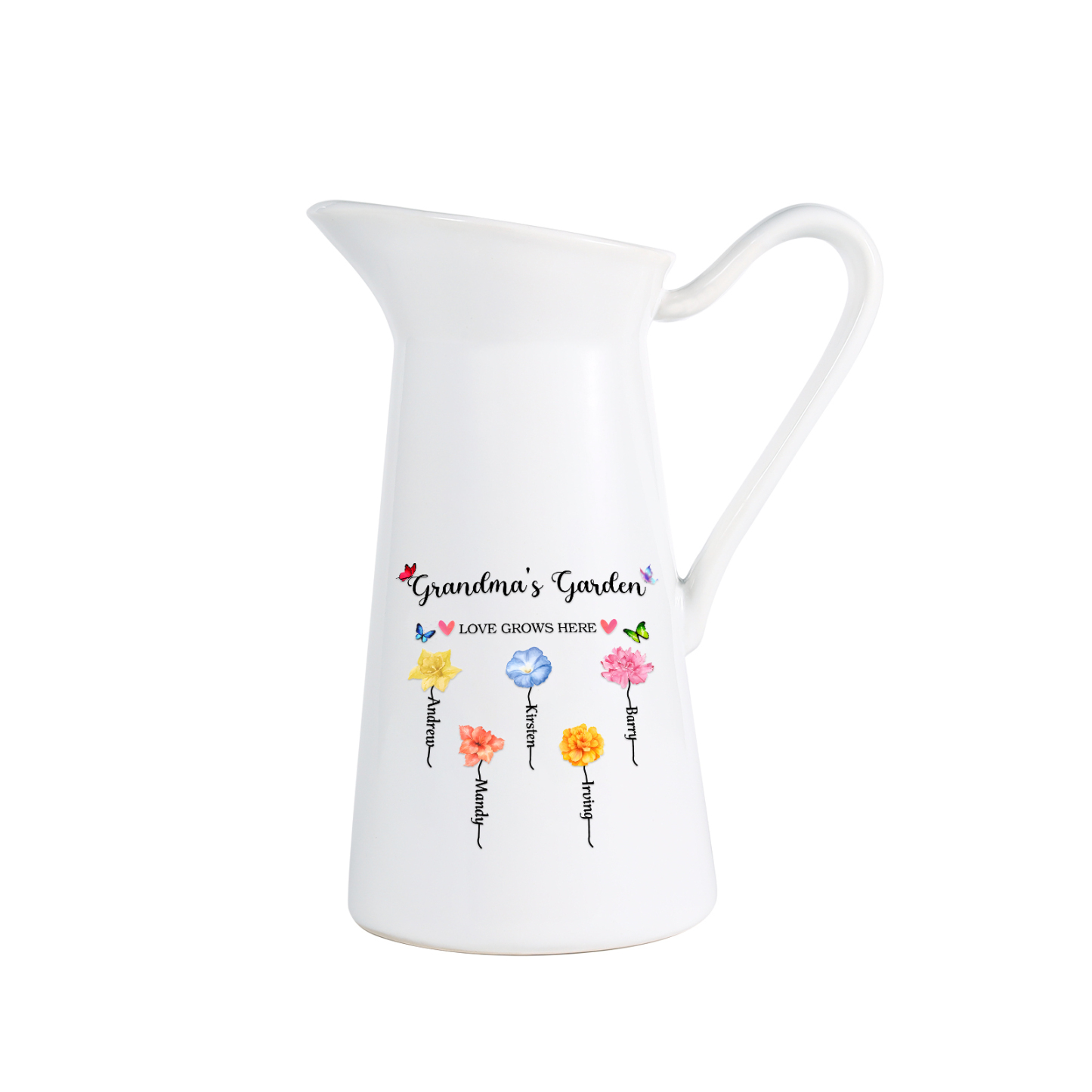 À Maman/Mamie - Vase Personnalisé 2-6 Prénoms et Fleurs de Naissance avec 2 Textes Vase Forme Pichet en Céramique (sans fleurs) | Jessemade