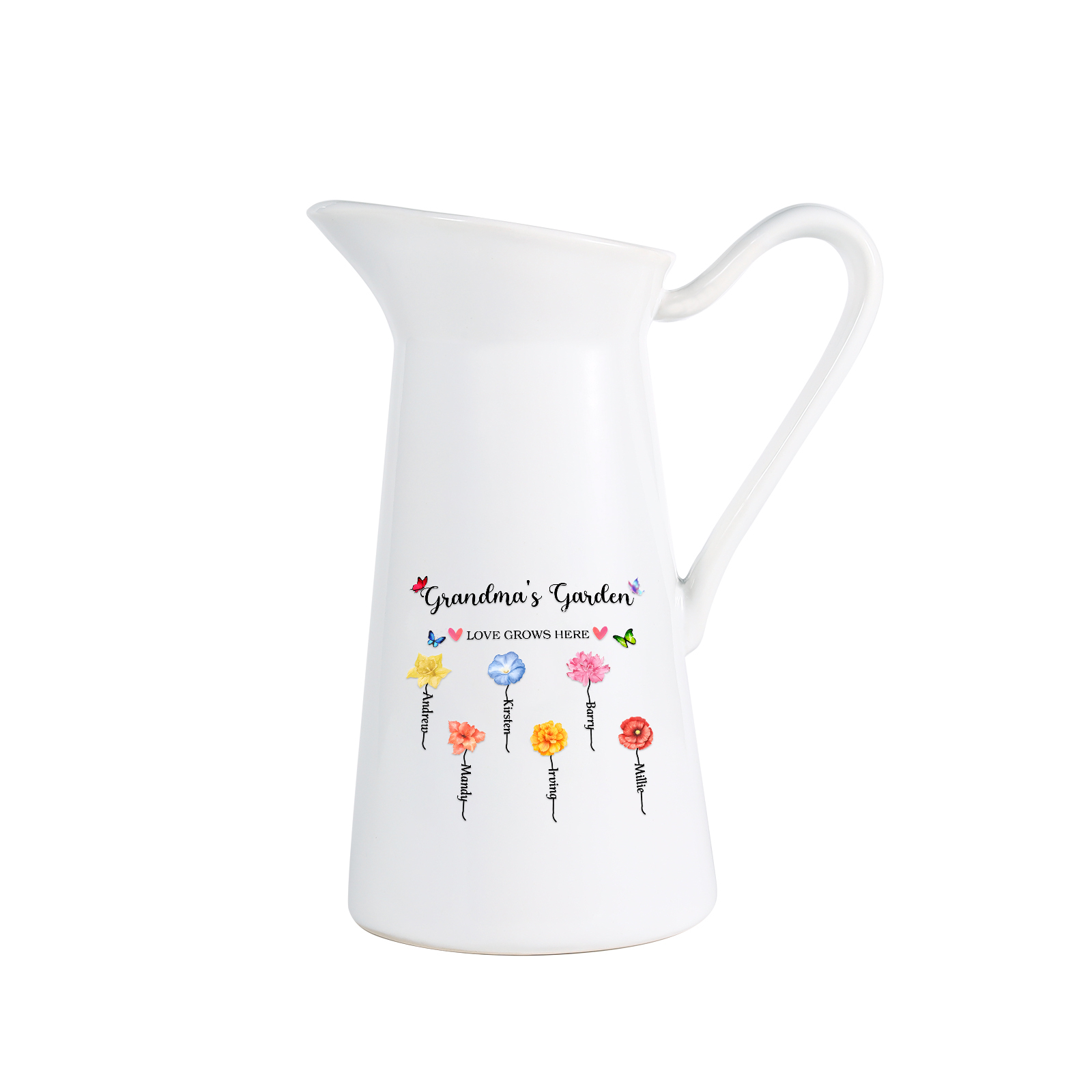 À Maman/Mamie - Vase Personnalisé 2-6 Prénoms et Fleurs de Naissance avec 2 Textes Vase Forme Pichet en Céramique (sans fleurs) | Jessemade