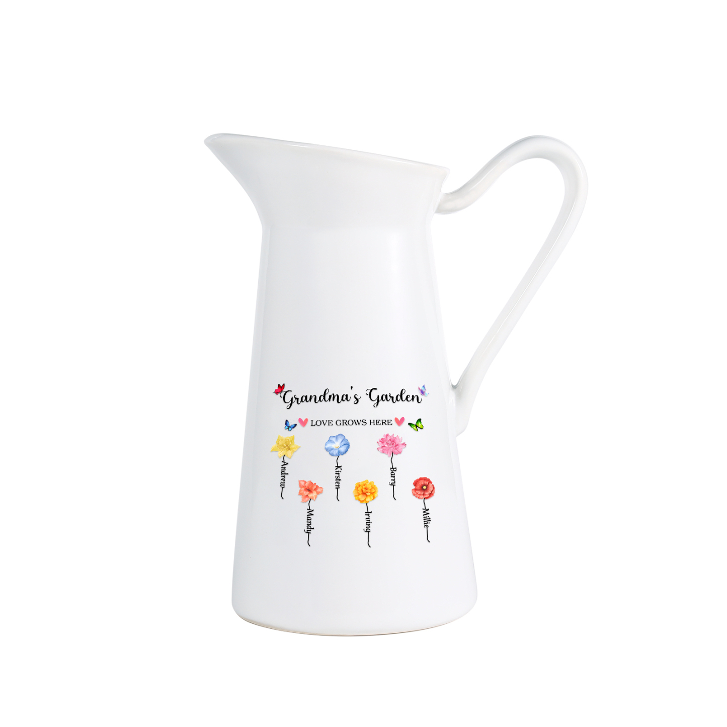 À Maman/Mamie - Vase Personnalisé 2-6 Prénoms et Fleurs de Naissance avec 2 Textes Vase Forme Pichet en Céramique (sans fleurs) | Jessemade