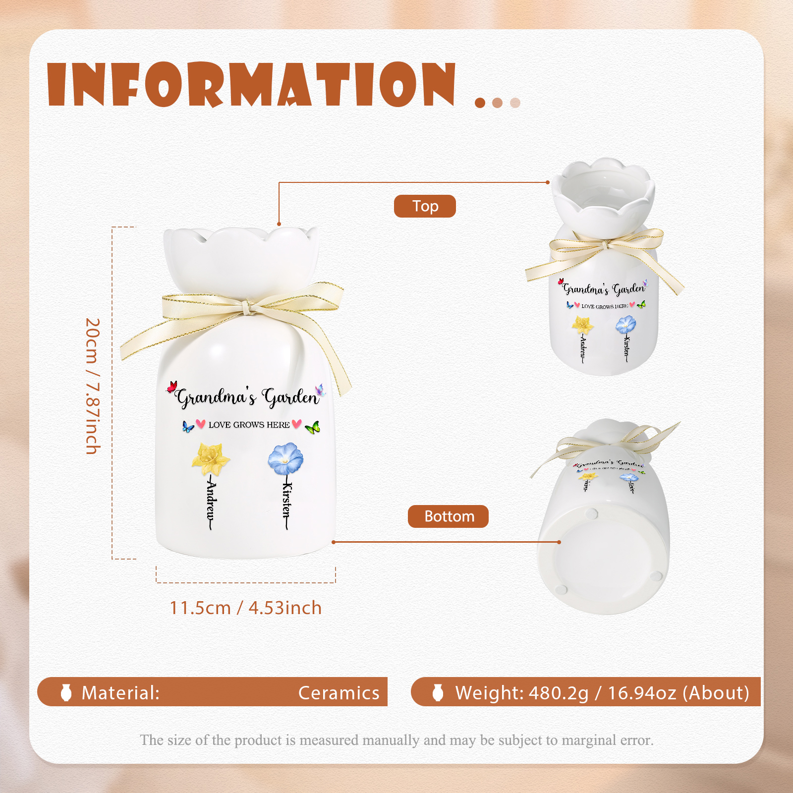 À Maman/Mamie - Vase en Céramique 2-6 prénoms et Fleurs de Naissance Personnalisé « Le jardin de Maman/Mamie » (sans fleurs) | Jessemade