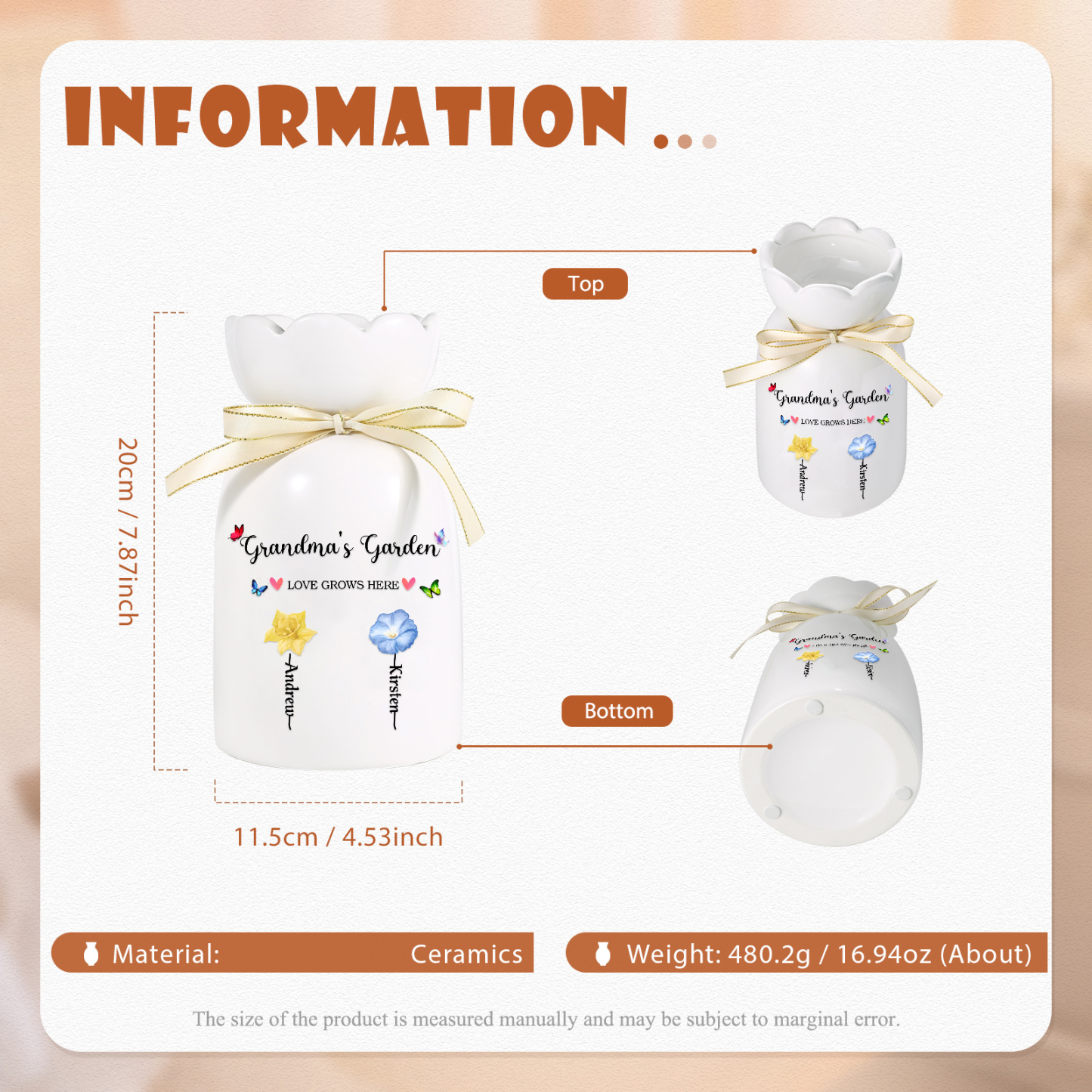 À Maman/Mamie - Vase en Céramique 2-6 prénoms et Fleurs de Naissance Personnalisé « Le jardin de Maman/Mamie » (sans fleurs) | Jessemade