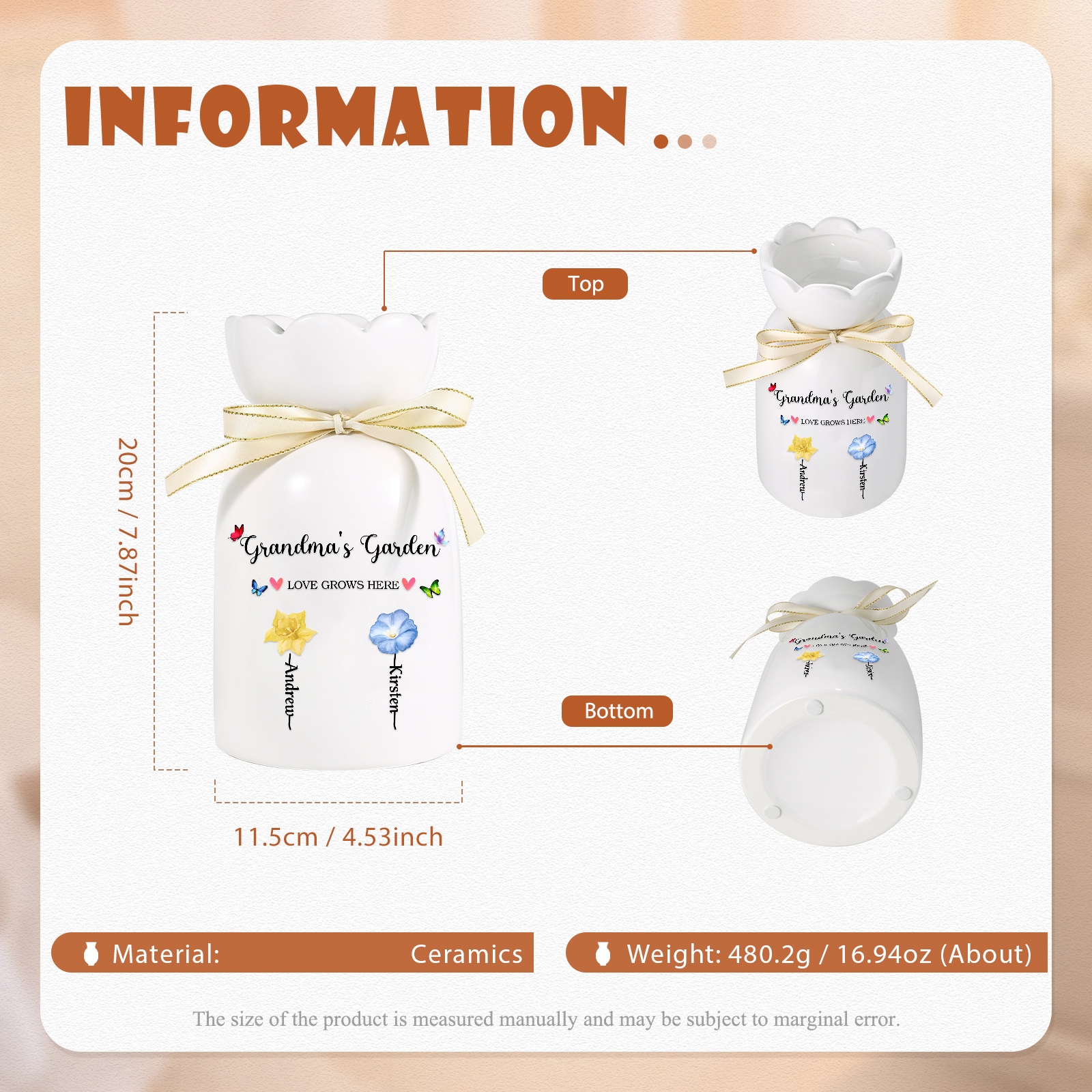 À Maman/Mamie - Vase en Céramique 2-6 prénoms et Fleurs de Naissance Personnalisé « Le jardin de Maman/Mamie » (sans fleurs) | Jessemade