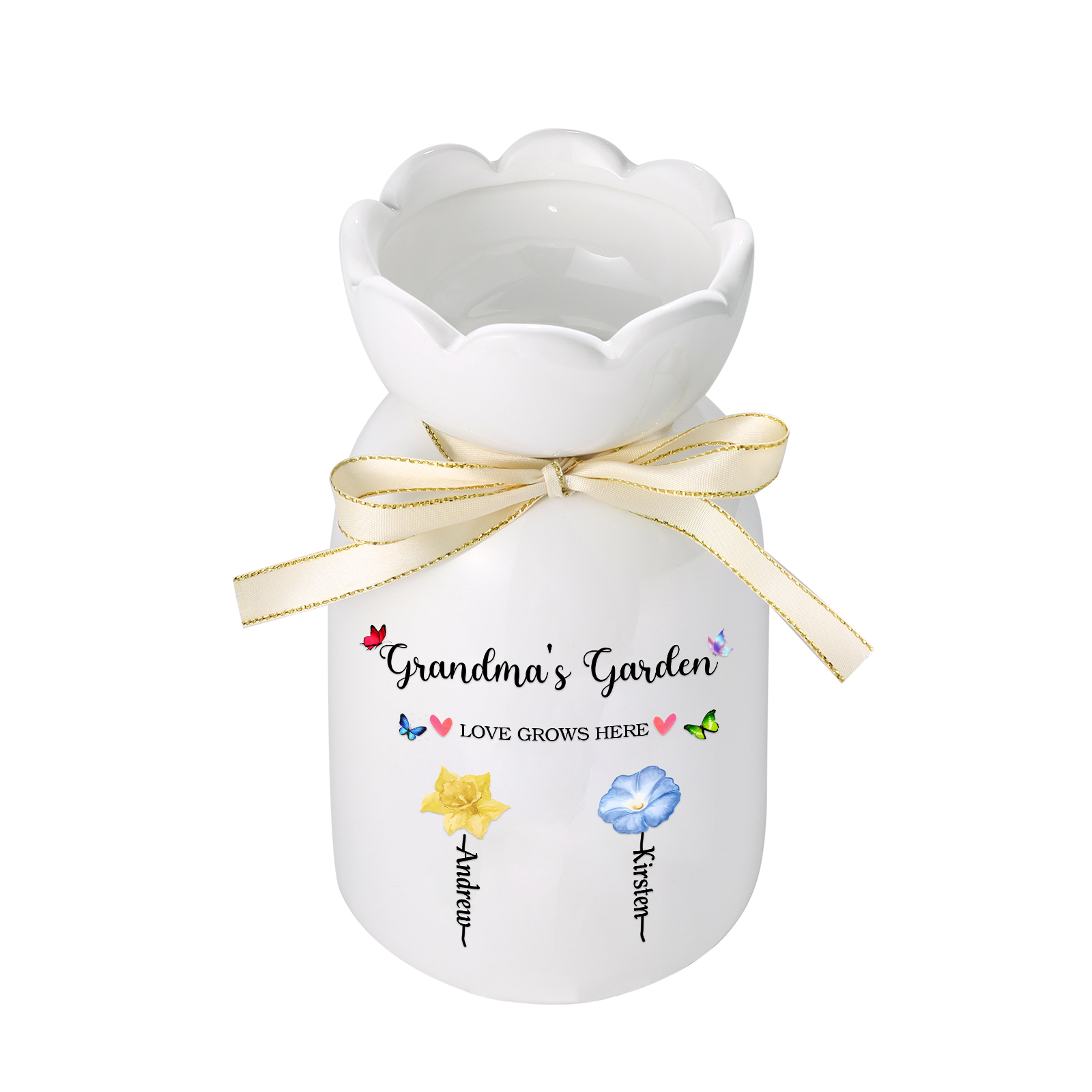 À Maman/Mamie - Vase en Céramique 2-6 prénoms et Fleurs de Naissance Personnalisé « Le jardin de Maman/Mamie » (sans fleurs) | Jessemade