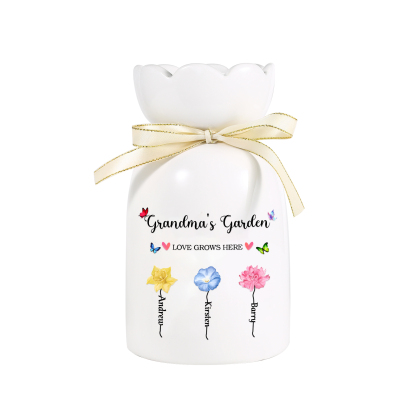 À Maman/Mamie - Vase en Céramique 2-6 prénoms et Fleurs de Naissance Personnalisé « Le jardin de Maman/Mamie » (sans fleurs) | Jessemade