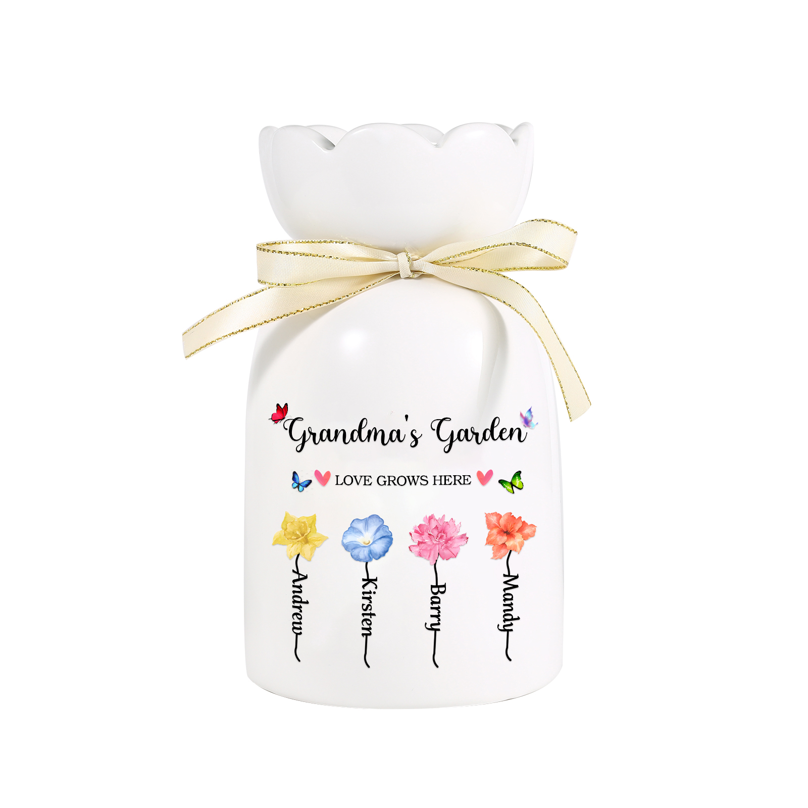 À Maman/Mamie - Vase en Céramique 2-6 prénoms et Fleurs de Naissance Personnalisé « Le jardin de Maman/Mamie » (sans fleurs) | Jessemade